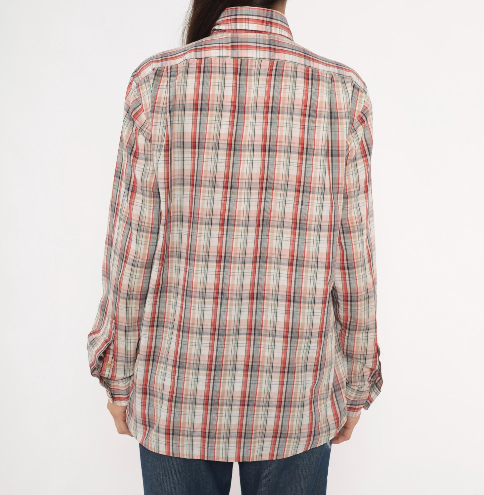 80s New York Sportswear Exchange Plaid Button-Up Shirt Cream Burgundy Medium