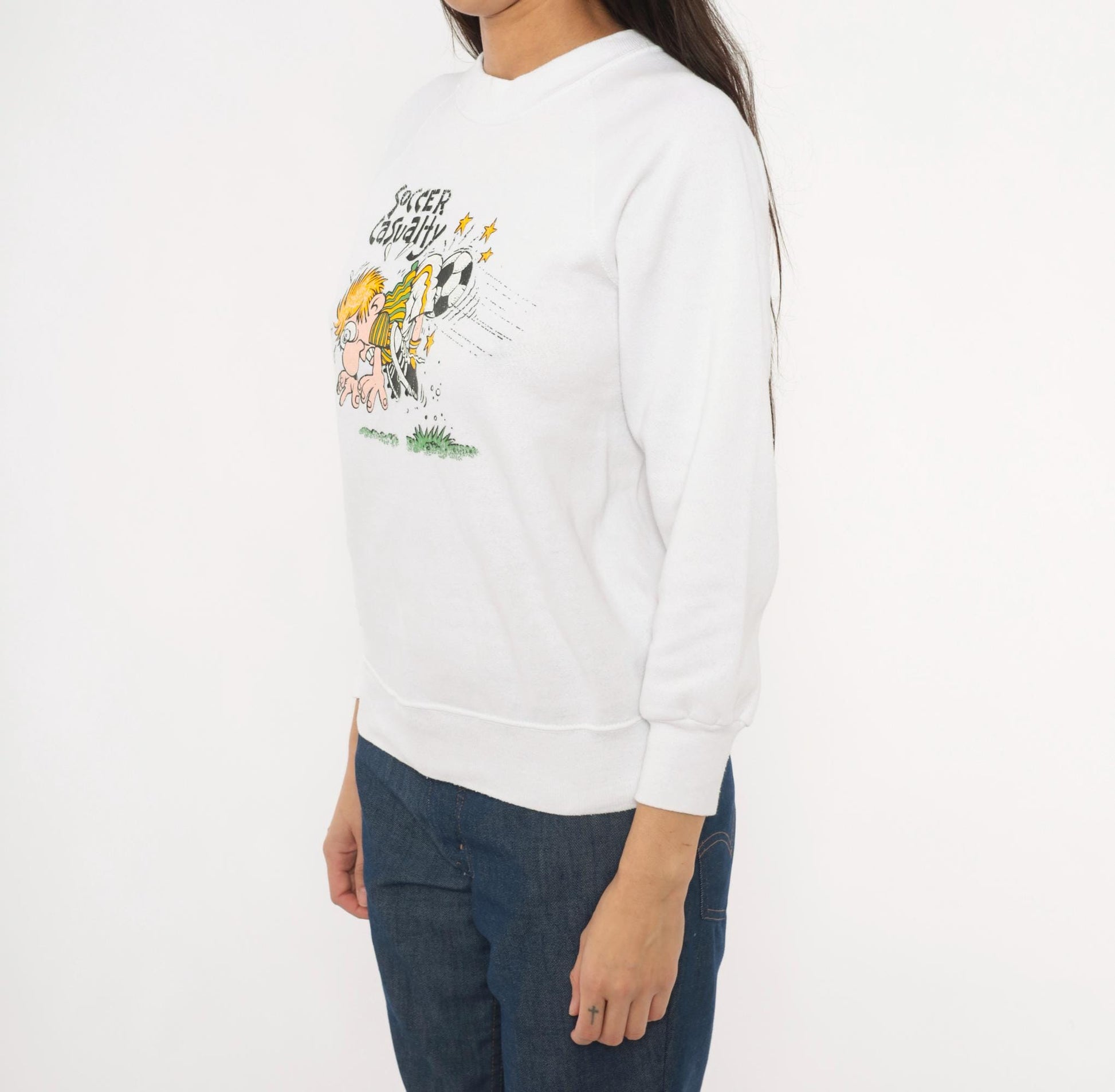90s Soccer Casualty Cartoon Graphic Raglan Sweatshirt White Cotton Extra Small XS