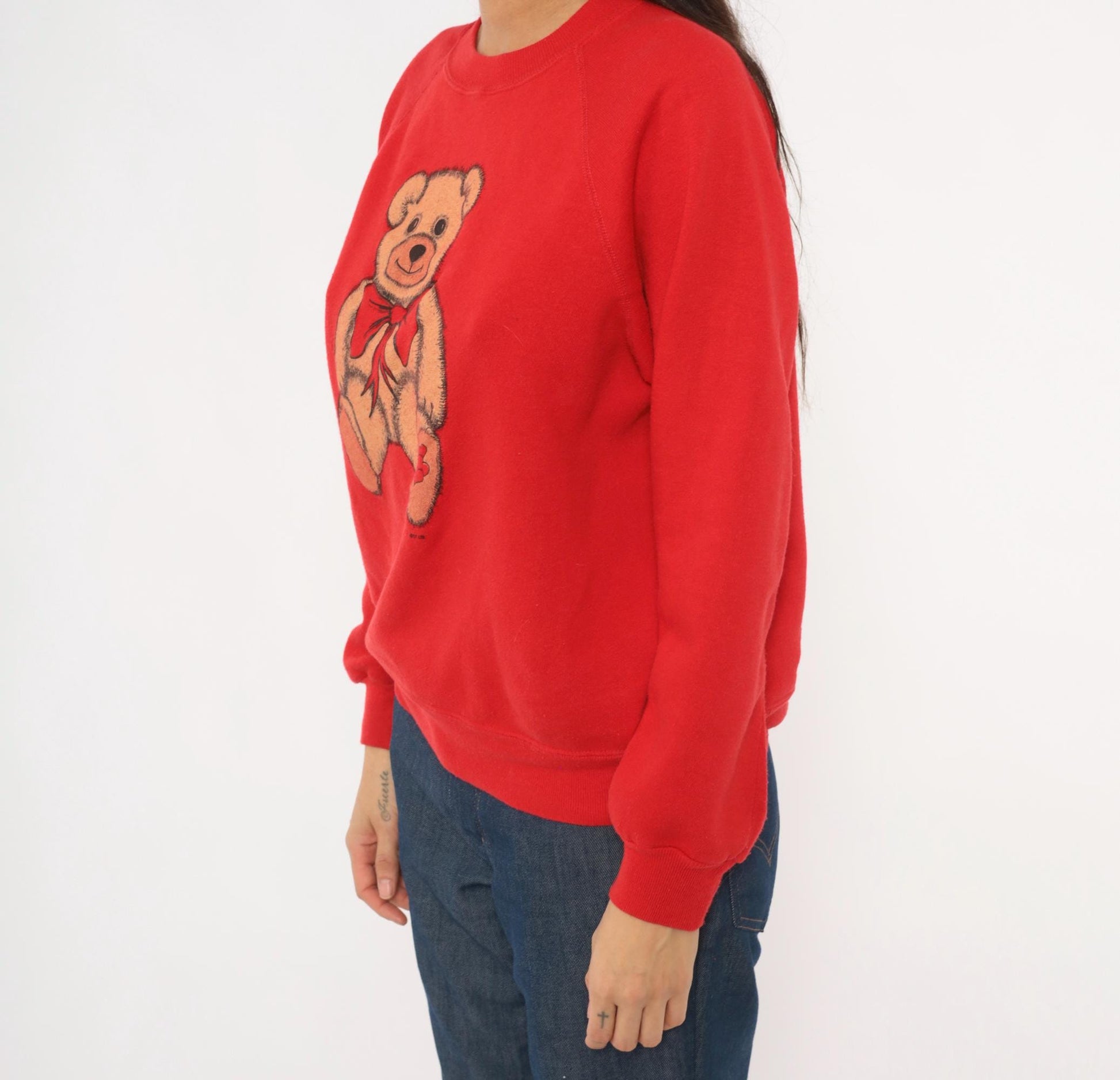 80s Teddy Bear Red Raglan Sweatshirt Graphic Crewneck Hearts Bow Medium M
