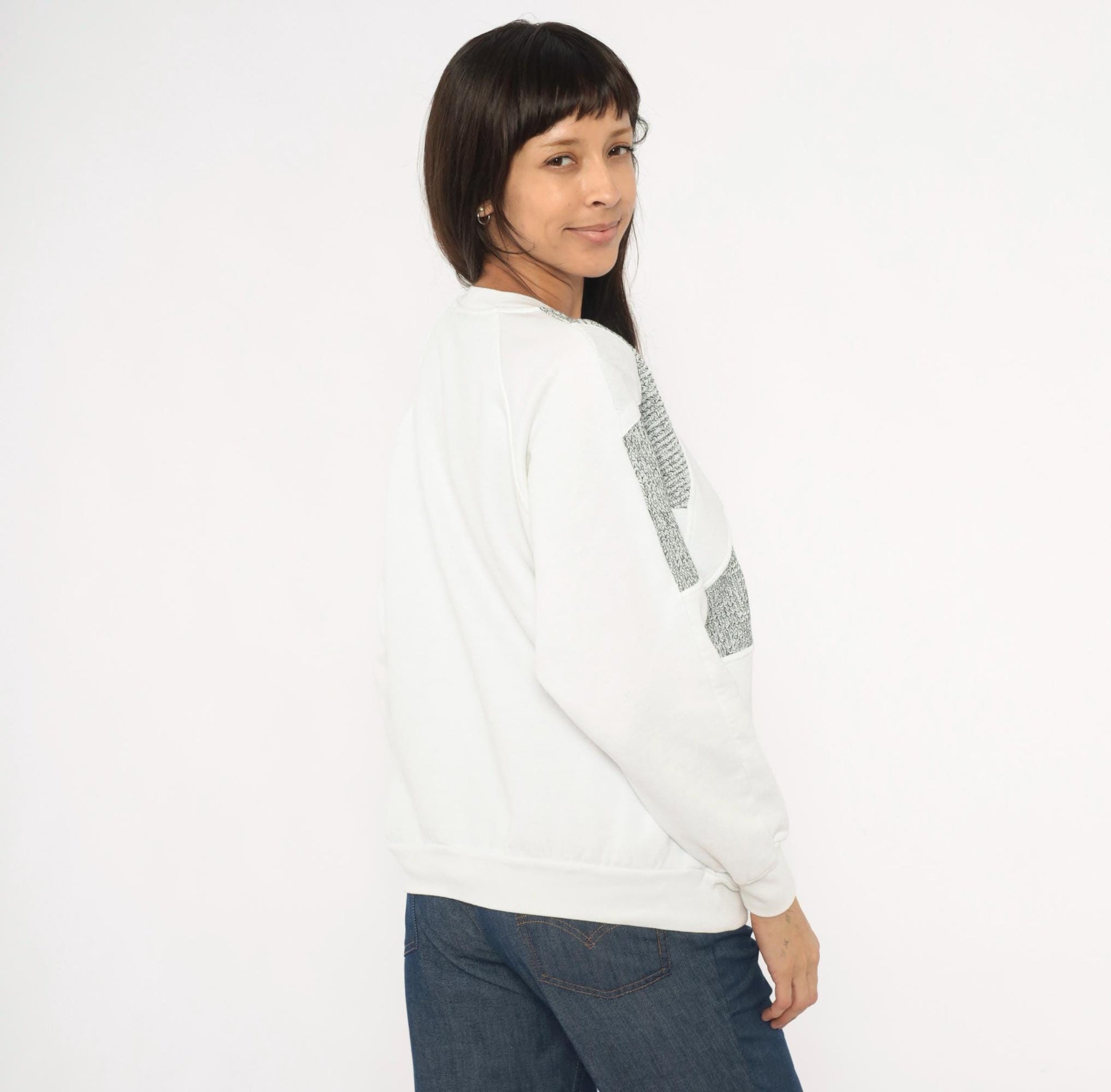 90s Fashion Force Color Block Sweatshirt White Grey Marled Raglan Large L