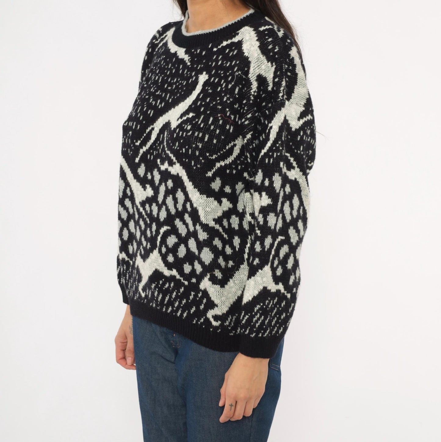 90s Arielle Greyhound Jacquard Knit Sweater Black Ivory Crewneck Large L