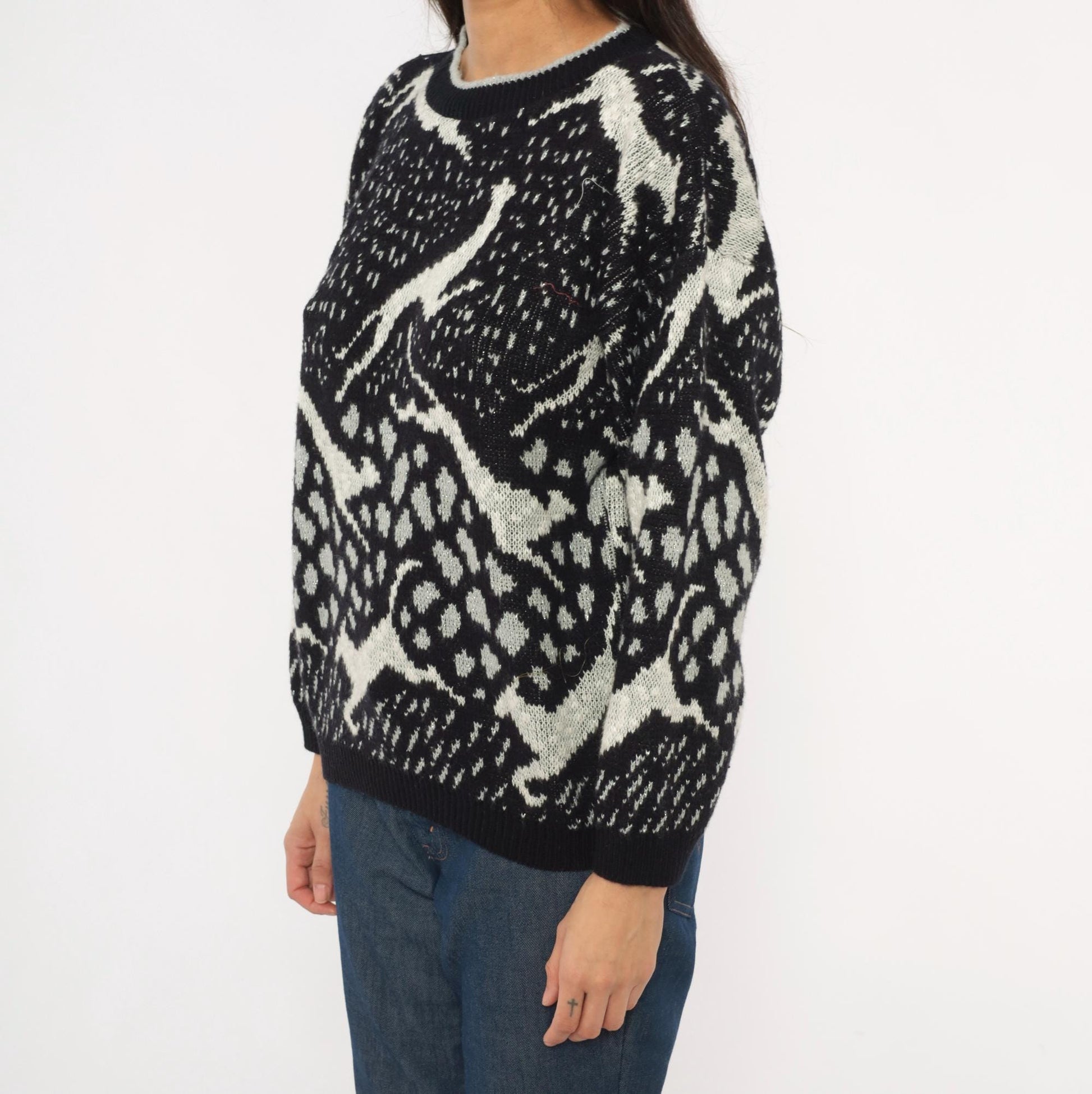 90s Arielle Greyhound Jacquard Knit Sweater Black Ivory Crewneck Large L
