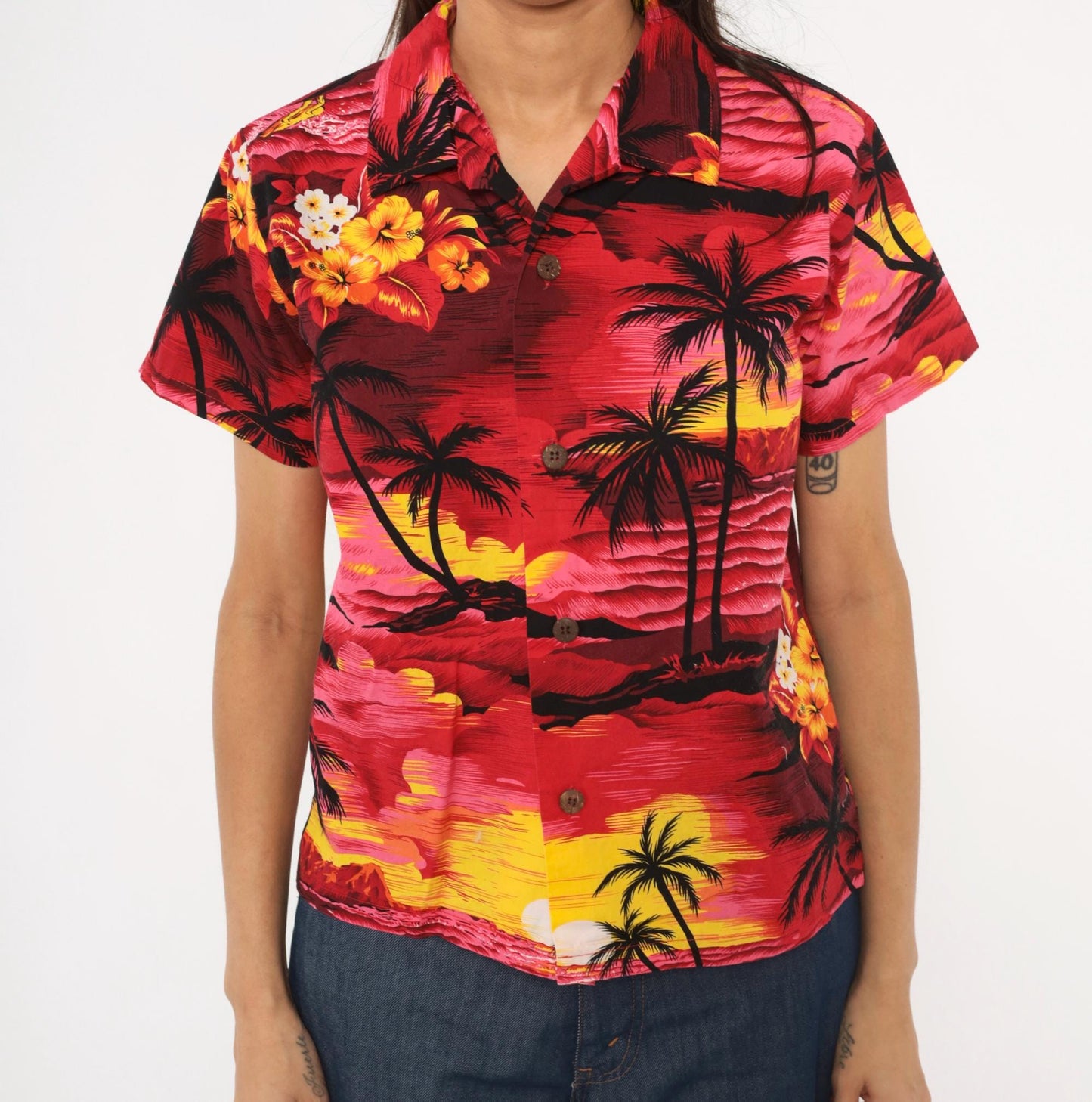90s Palmwave Hawaii Camp Collar Shirt Red Pink Tropical Palm Tree Cotton Medium