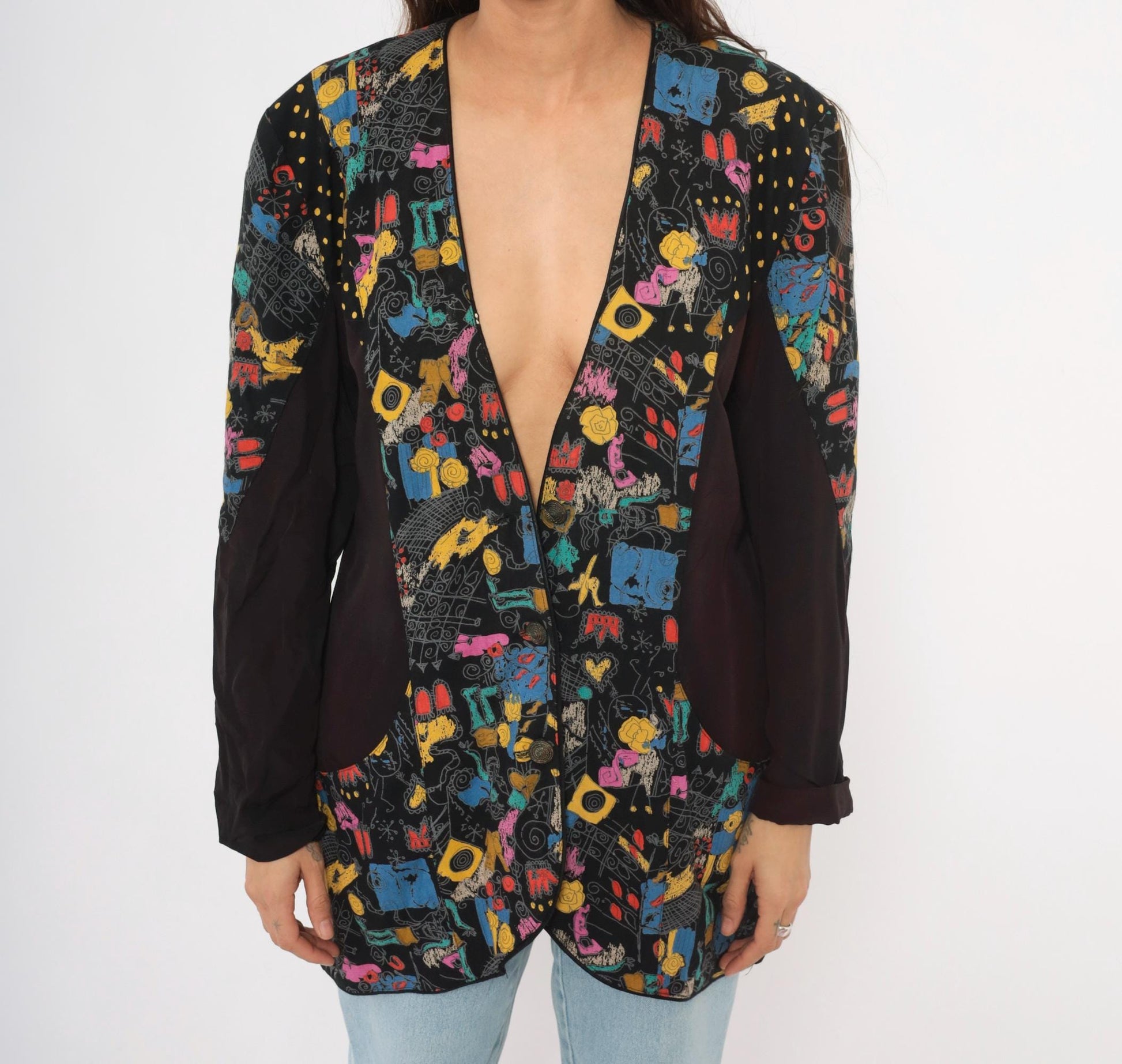 90s Choon Abstract Graffiti Blazer Deep V Black Multicolor Print Medium Large