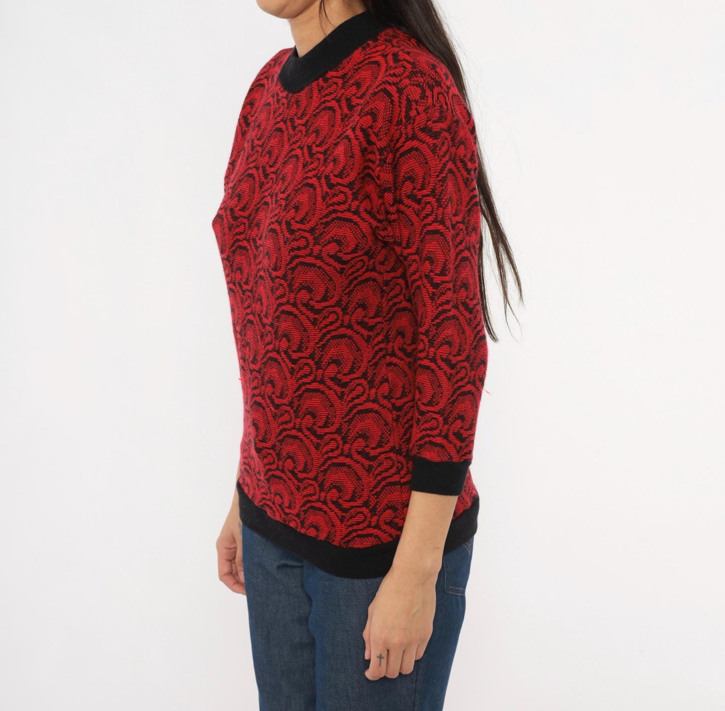 80s Down Side Up Jacquard Swirl Sweater Red Black Crew Neck Extra Small XS