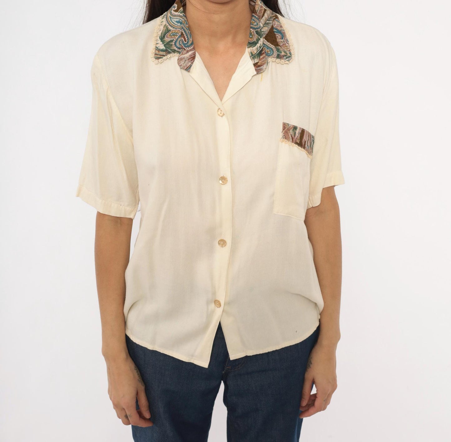 90s Giselle Paisley Collar Blouse Cream Lace Trim Short Sleeve Medium M