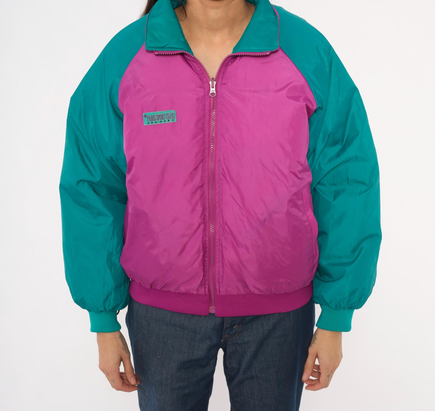 90s Paris Sport Club Reversible Down Puffer Jacket Teal Magenta Medium M