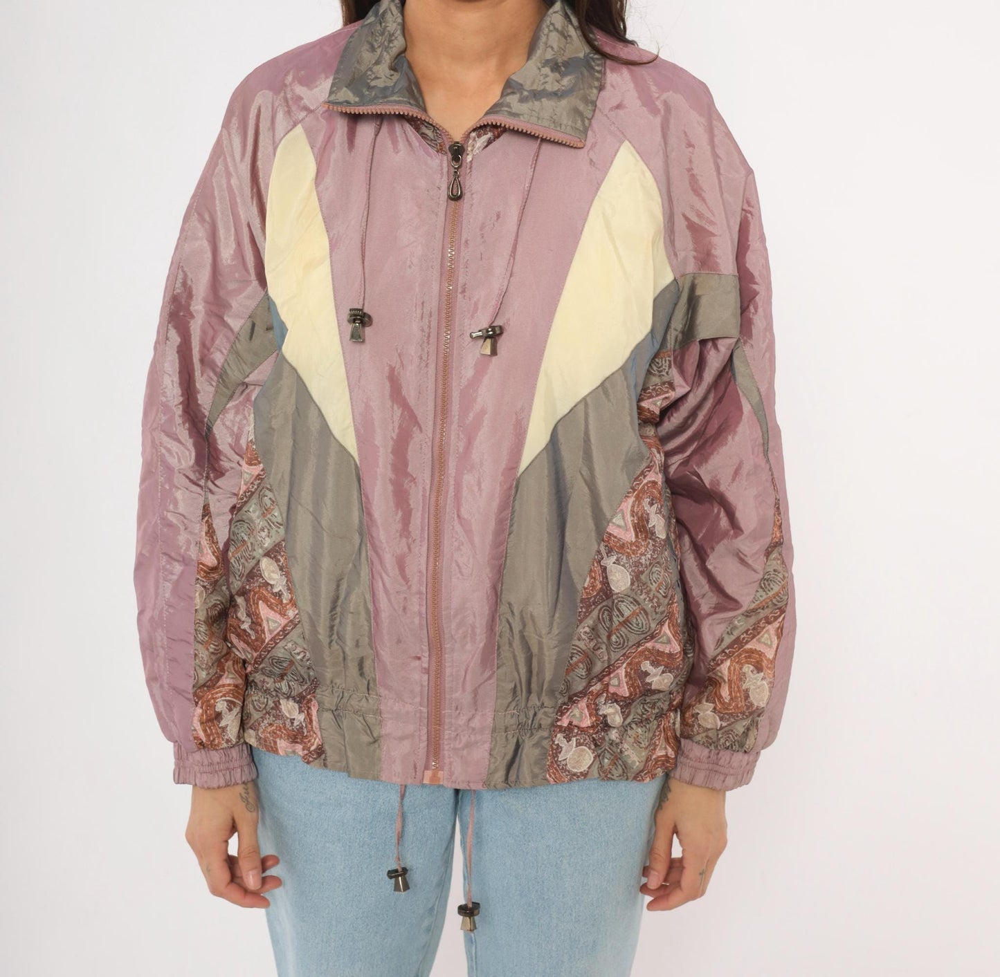 90s Westport Ltd. Colorblock Windbreaker Mauve Grey Cream Paisley Medium M