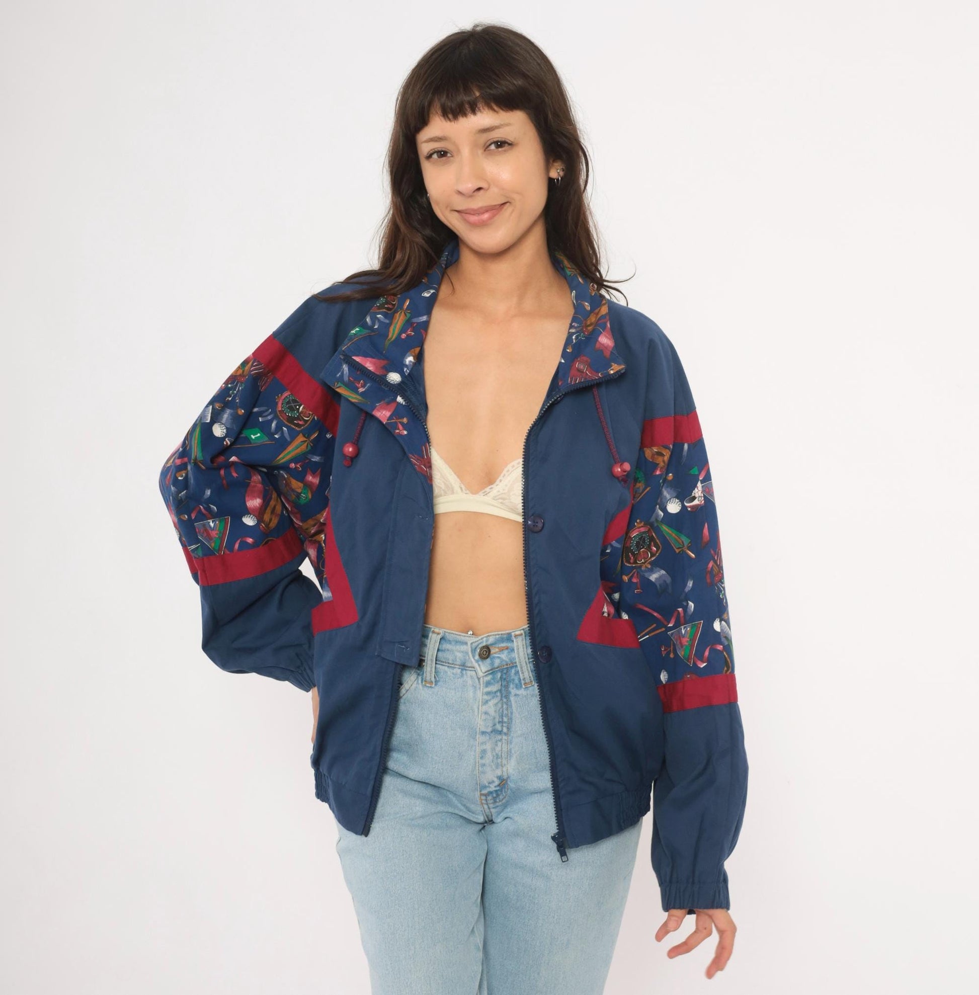 90s Line-Up Golf Print Windbreaker Navy Nylon Jacket Red Color Block Medium