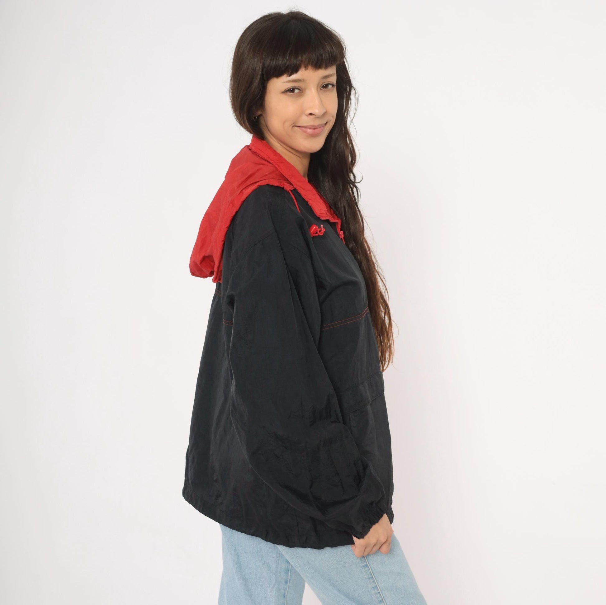 90s Black Red Colorblock Anorak Windbreaker Pullover Jacket Medium M
