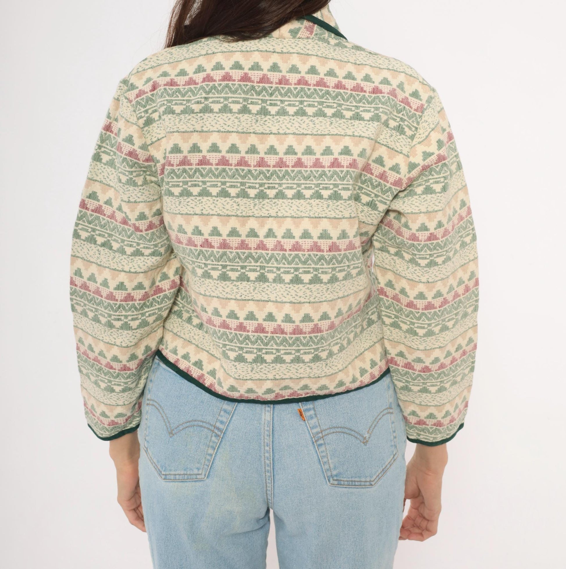 90s Southwest Canyon Tapestry Jacket Cropped Cream Sage Geometric Wooden Button Large L