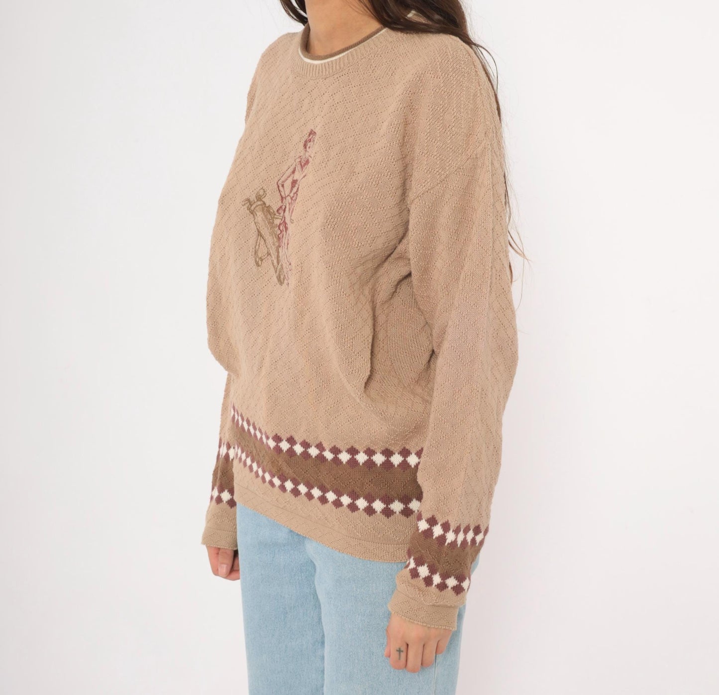 80s Pacific Coast Golf Embroidered Argyle Sweater Tan Crewneck Cotton Medium M