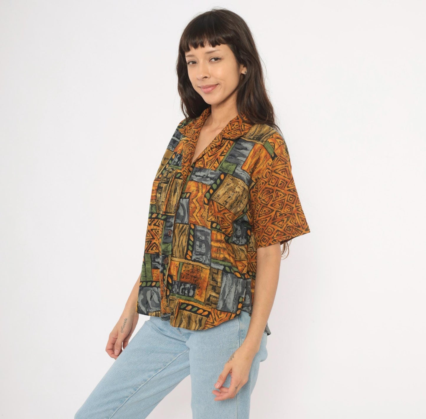 90s Tribal Patchwork Camp Collar Shirt Mustard Olive Slate Large L
