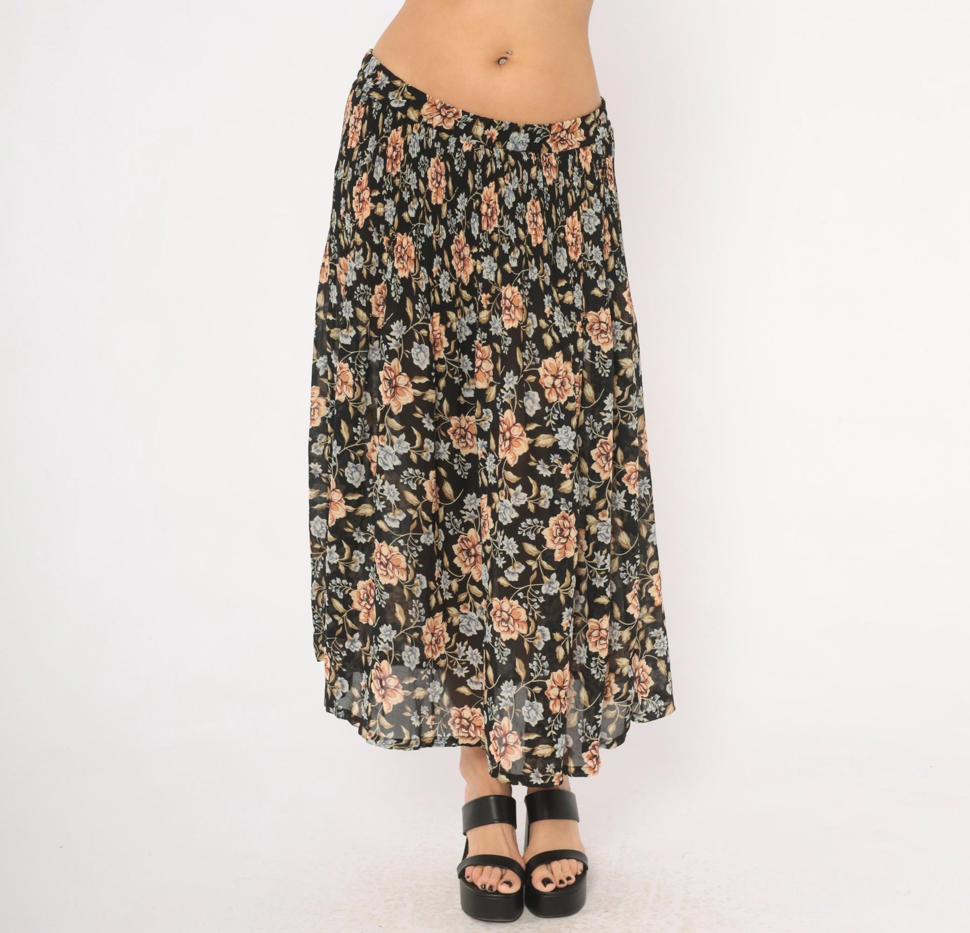 90s Sag Harbor Floral Maxi Skirt Black Peach Periwinkle Medium