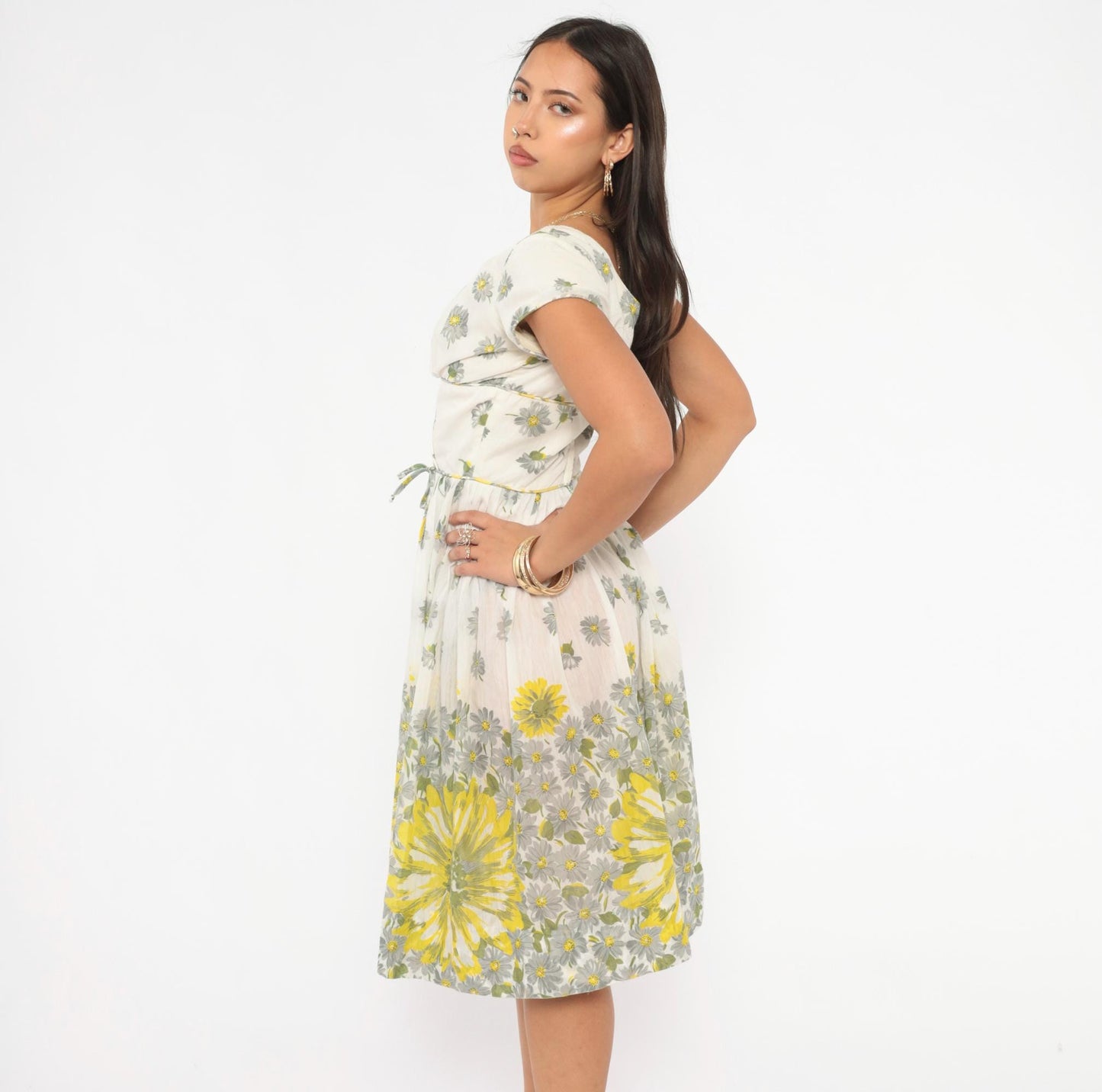 60s Daisy Print Fit And Flare Dress White Yellow Cotton Cap Sleeve Extra Small XS