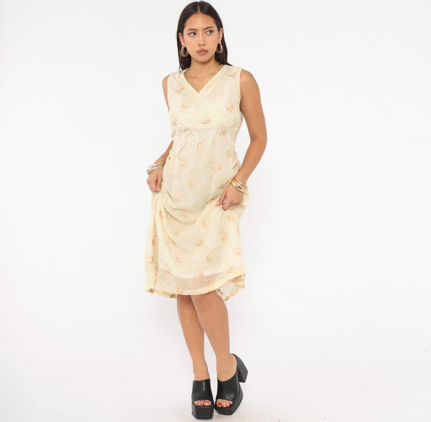 Y2K Nice Mommy Cream Organza Floral Embroidered Dress Gold Vine Knee Length Large L