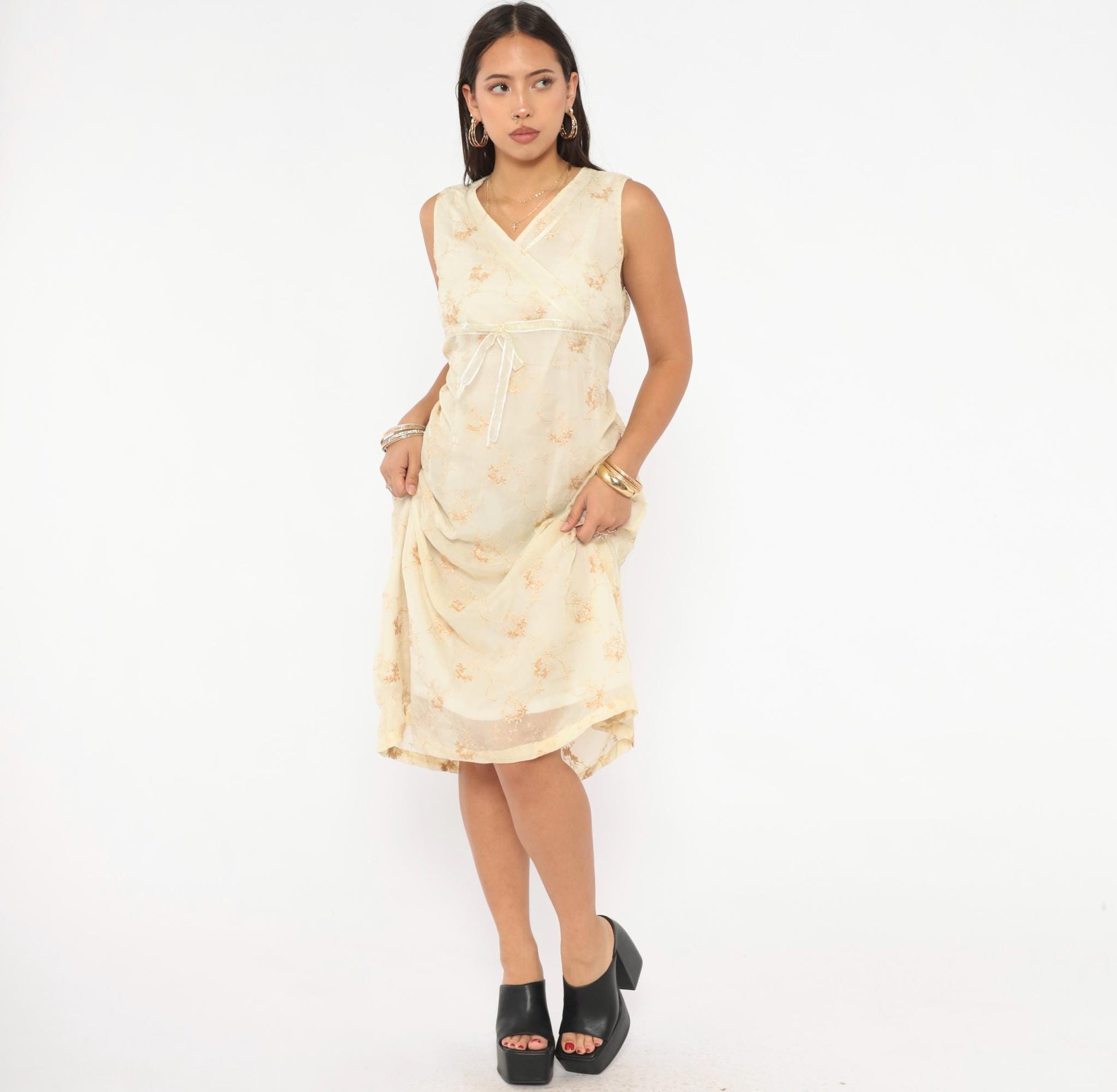 Y2K Nice Mommy Cream Organza Floral Embroidered Dress Gold Vine Knee Length Large L