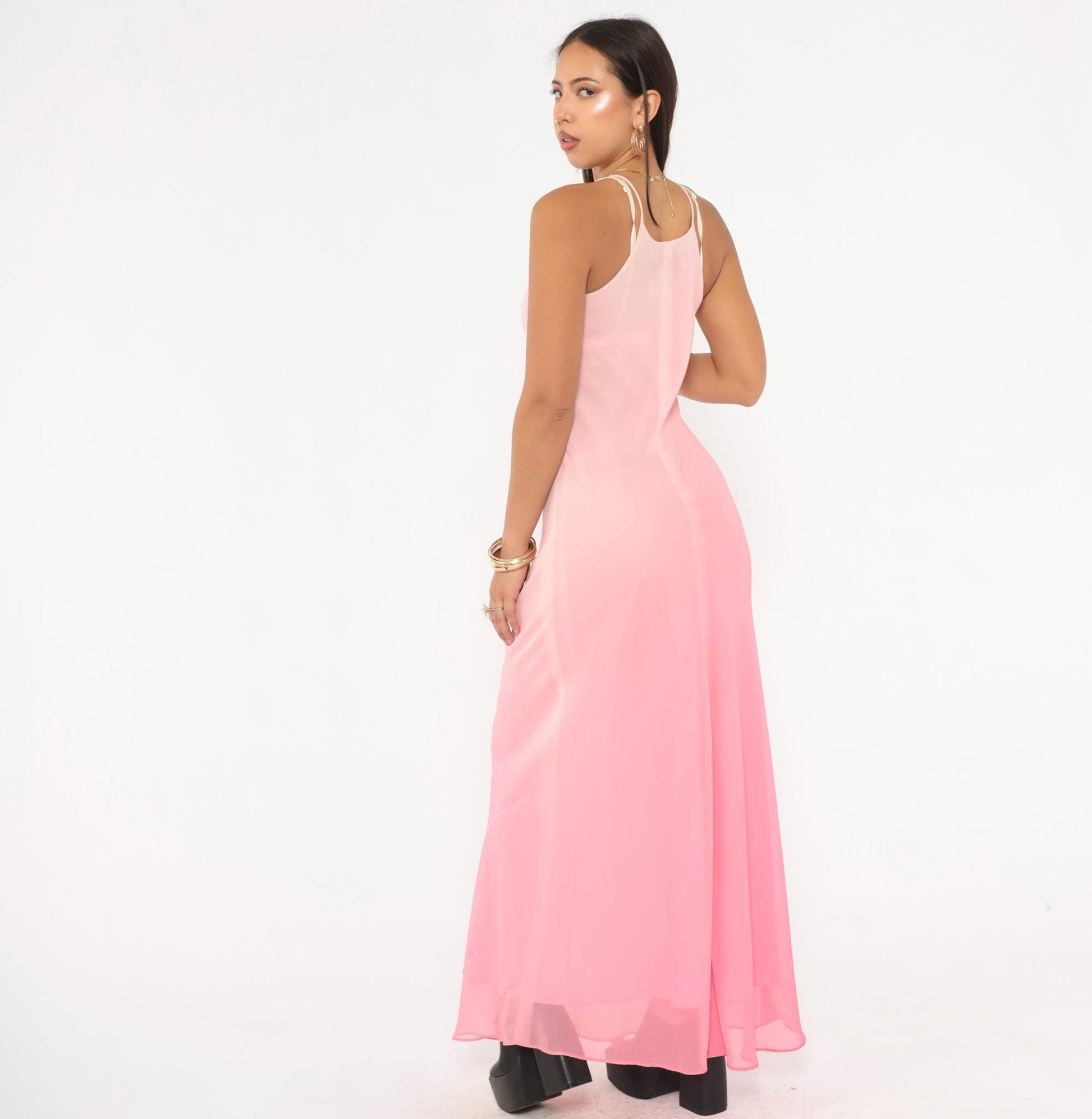 2000s Pink Ombre Beaded Maxi Gown Halter Chiffon Chelsea Nites Small