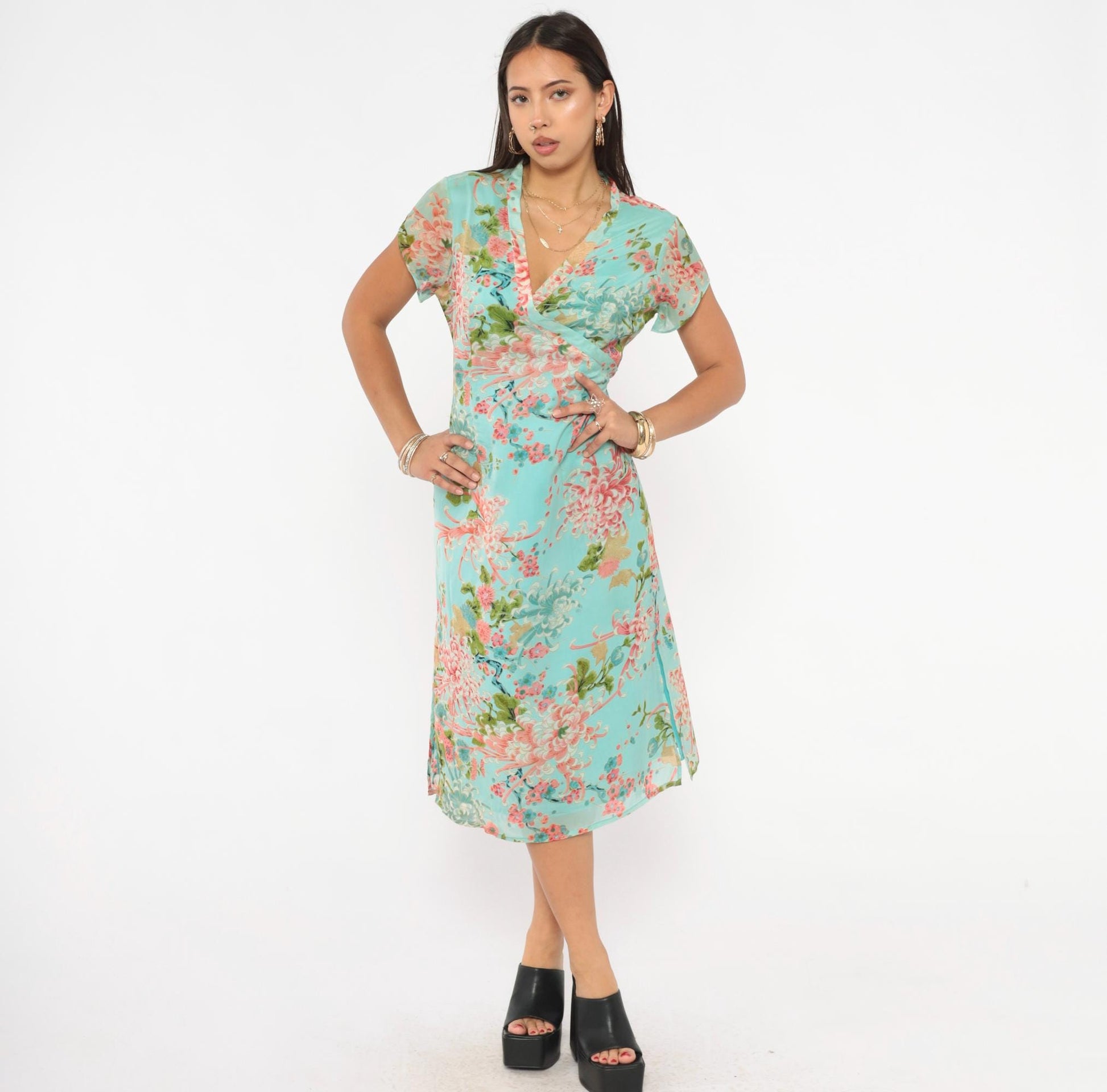 2000s Charlotte Russe Chrysanthemum Floral Midi Dress V-Neck Cap Sleeve Teal Medium M