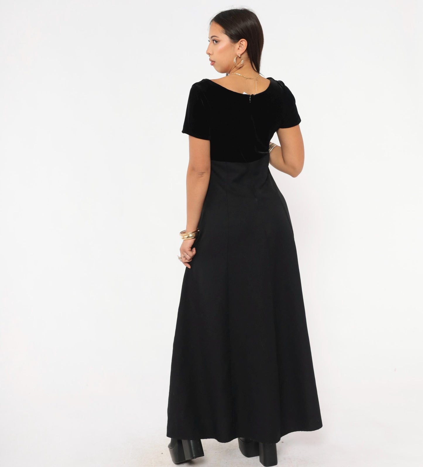 90s Simco Black Velvet Maxi Gown Sweetheart Neckline Empire Waist XXS