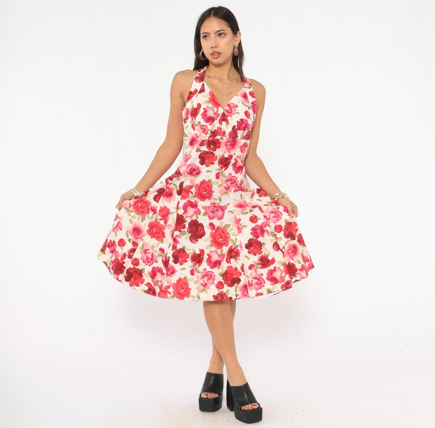 Y2K Talbots Rose Floral Halter Dress Cream Pink Red Knee-Length Medium M