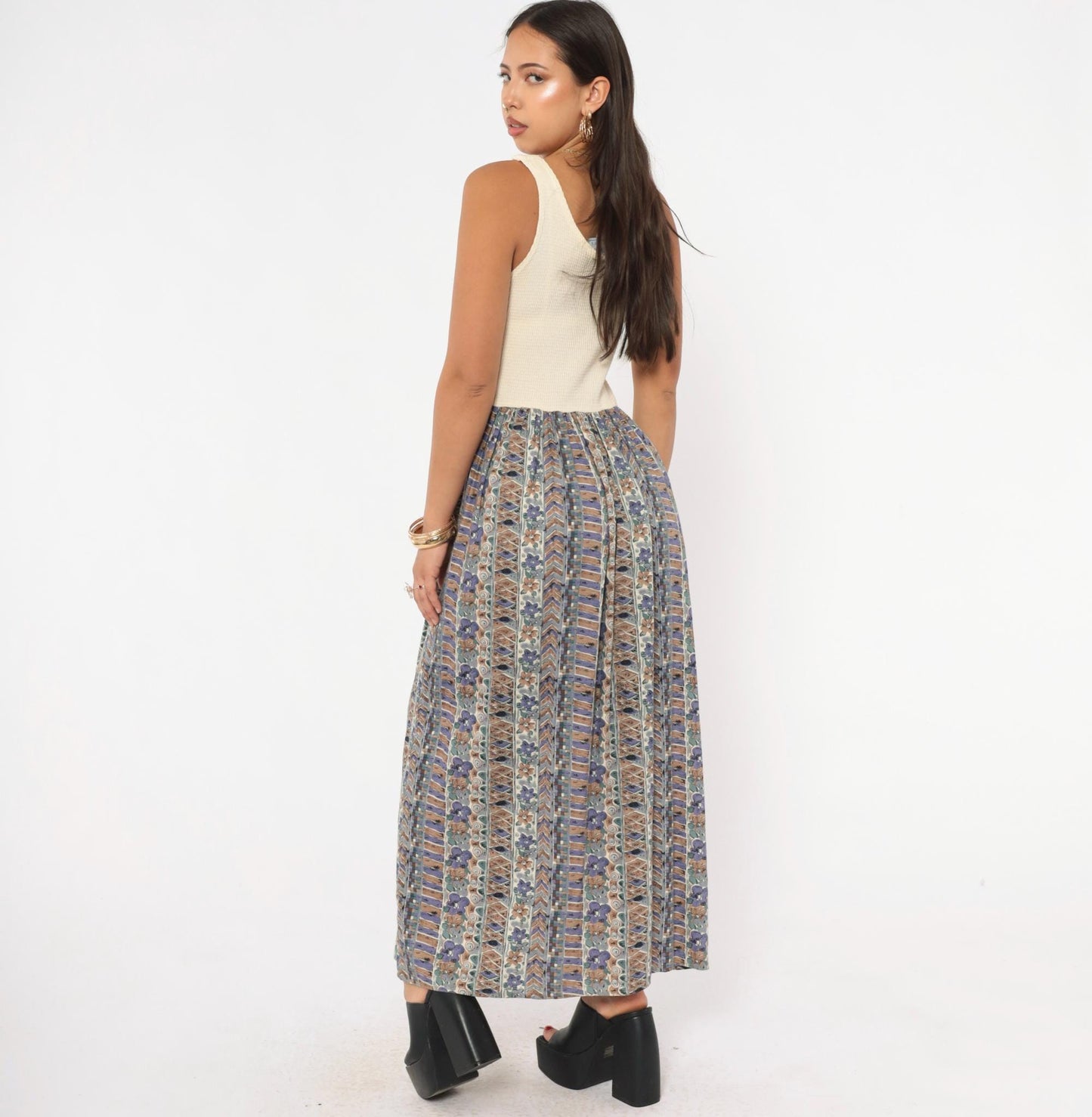 90s Ultimate Blues Maxi Dress Cream Waffle Knit Floral Skirt Medium
