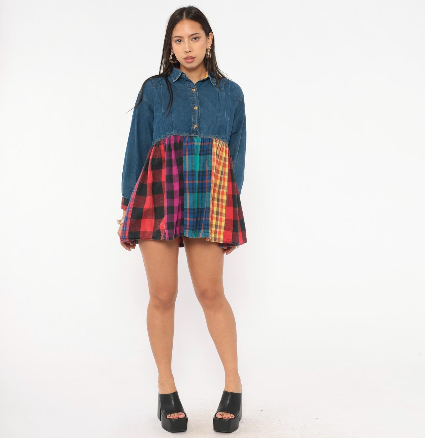 90s American Pop Denim Babydoll Mini Dress Patchwork Plaid Multicolor Extra Small