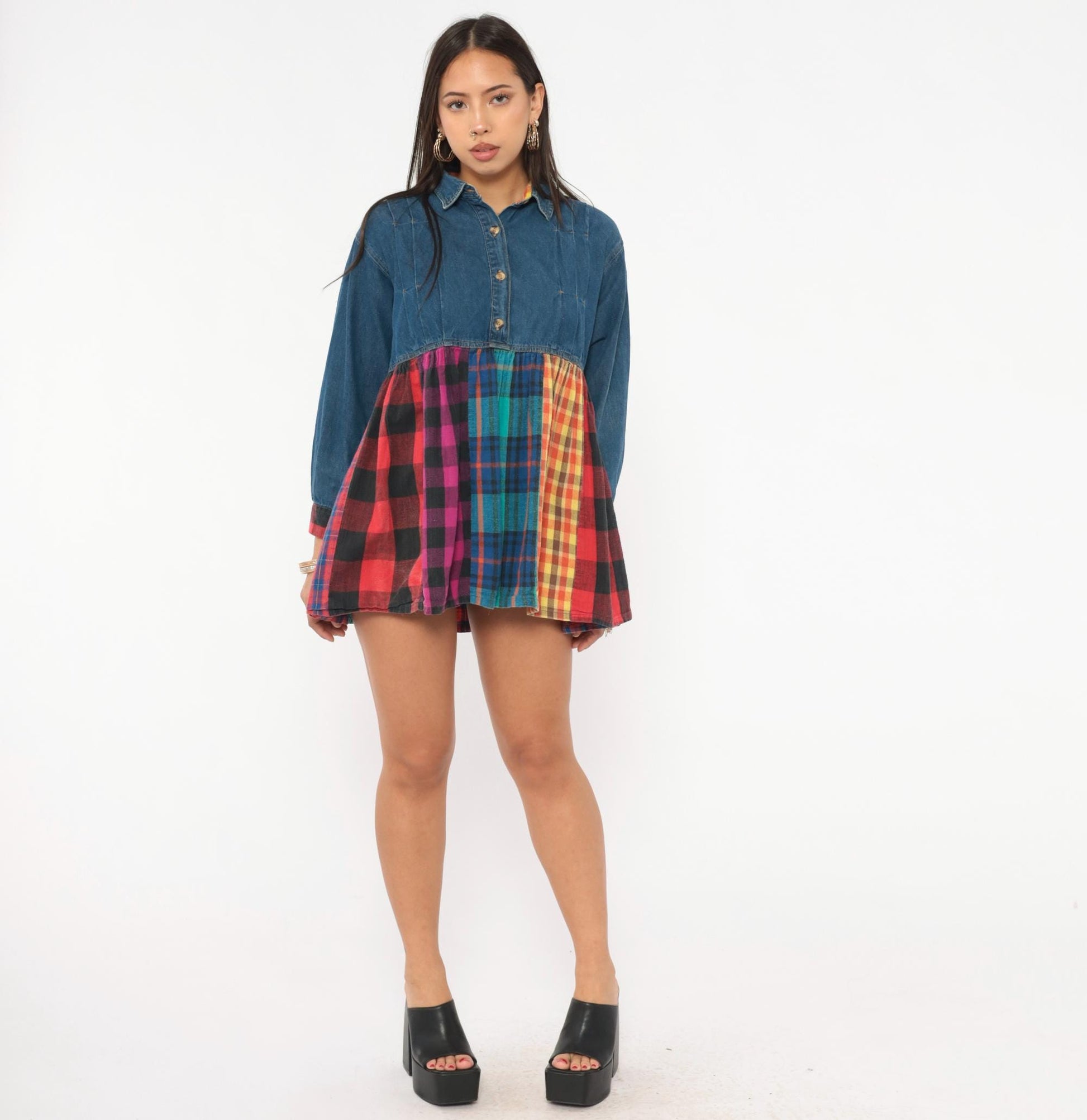 90s American Pop Denim Babydoll Mini Dress Patchwork Plaid Multicolor Extra Small