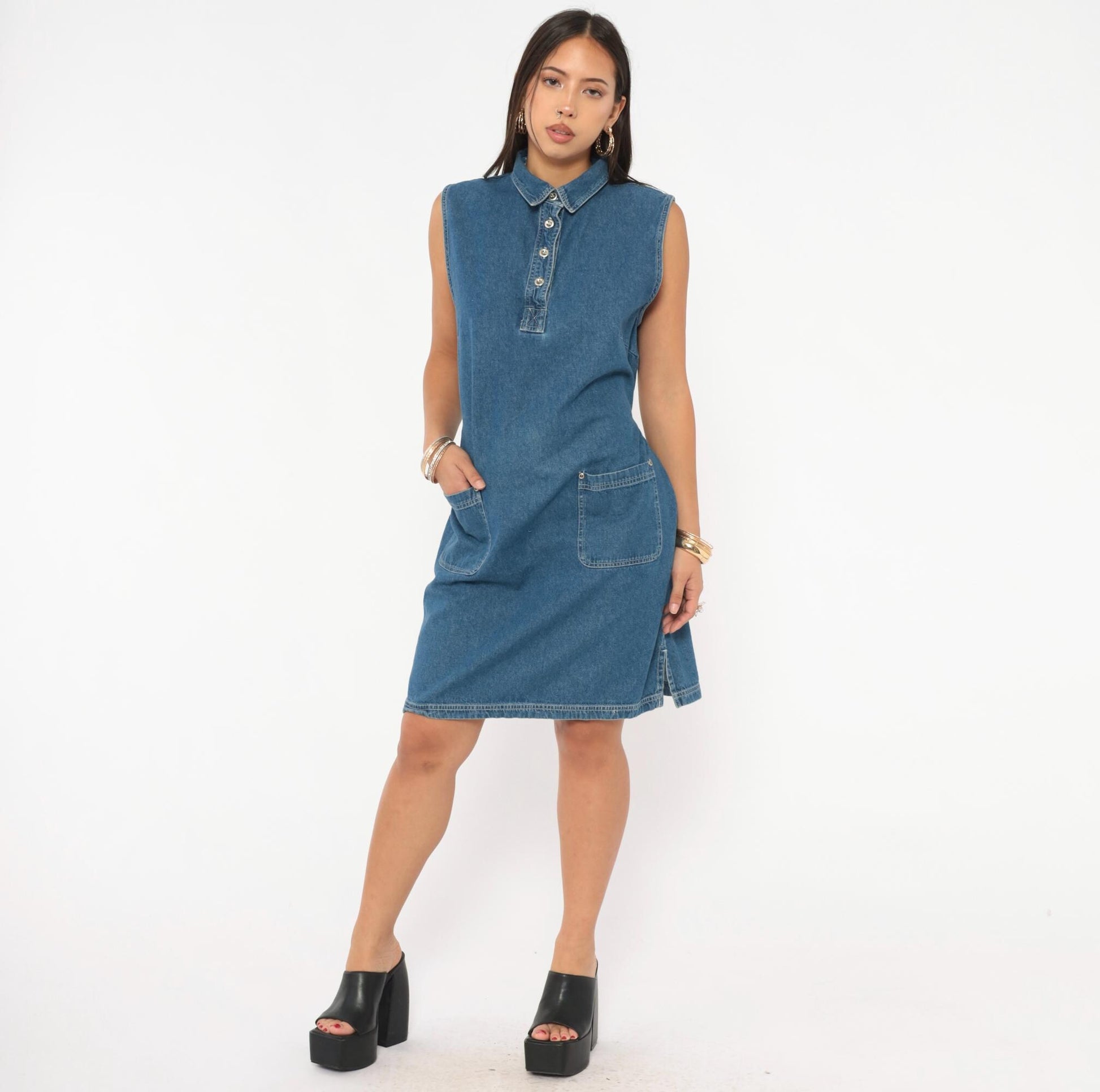 90s Denim Shift Dress Sleeveless Button Front Blue Jean Medium Large