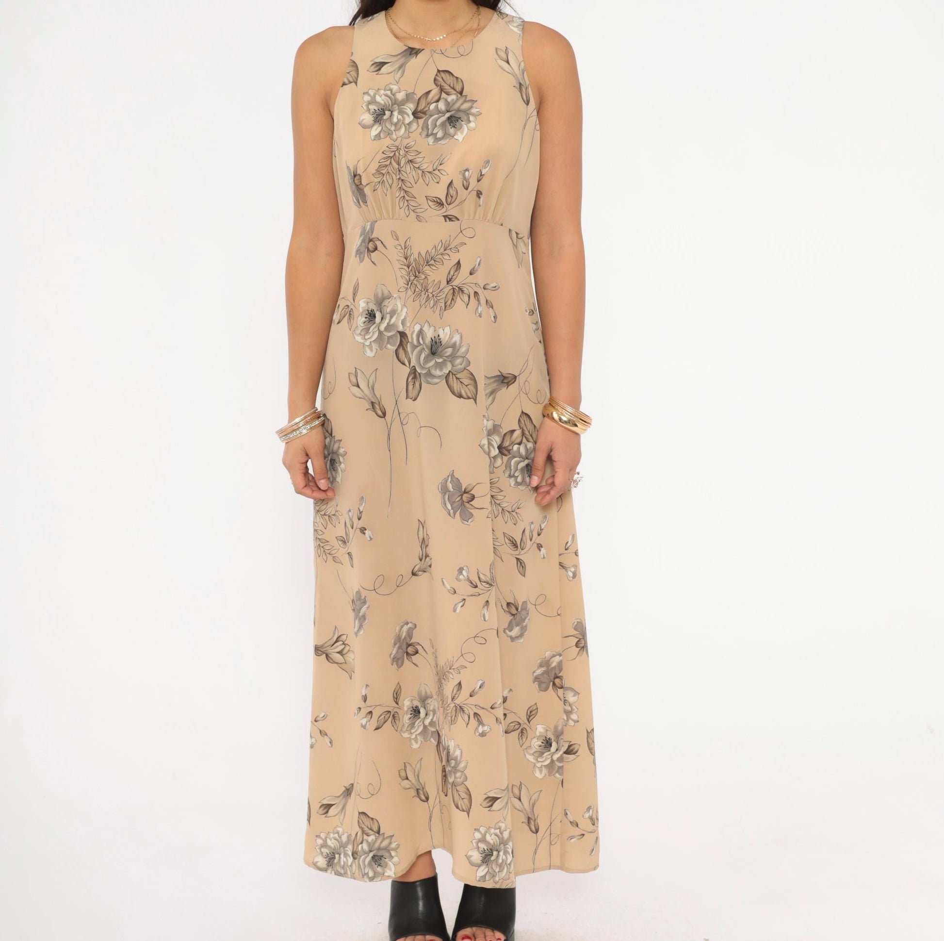 90s Byer Too! Floral Maxi Dress Beige Taupe Sleeveless Medium M
