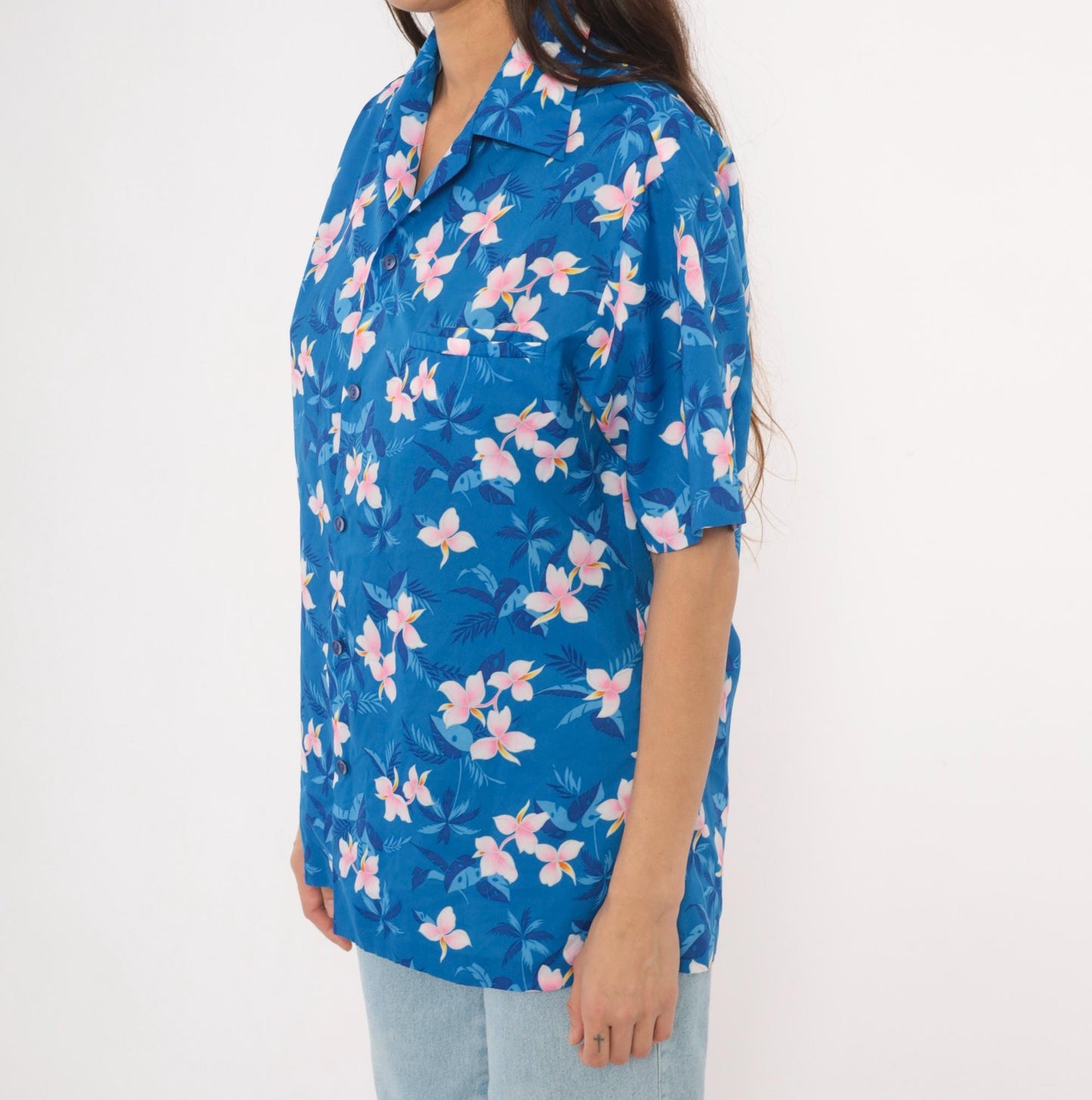 90s Hilo Hatties Hawaiian Shirt Blue Plumeria Floral Camp Collar Medium M