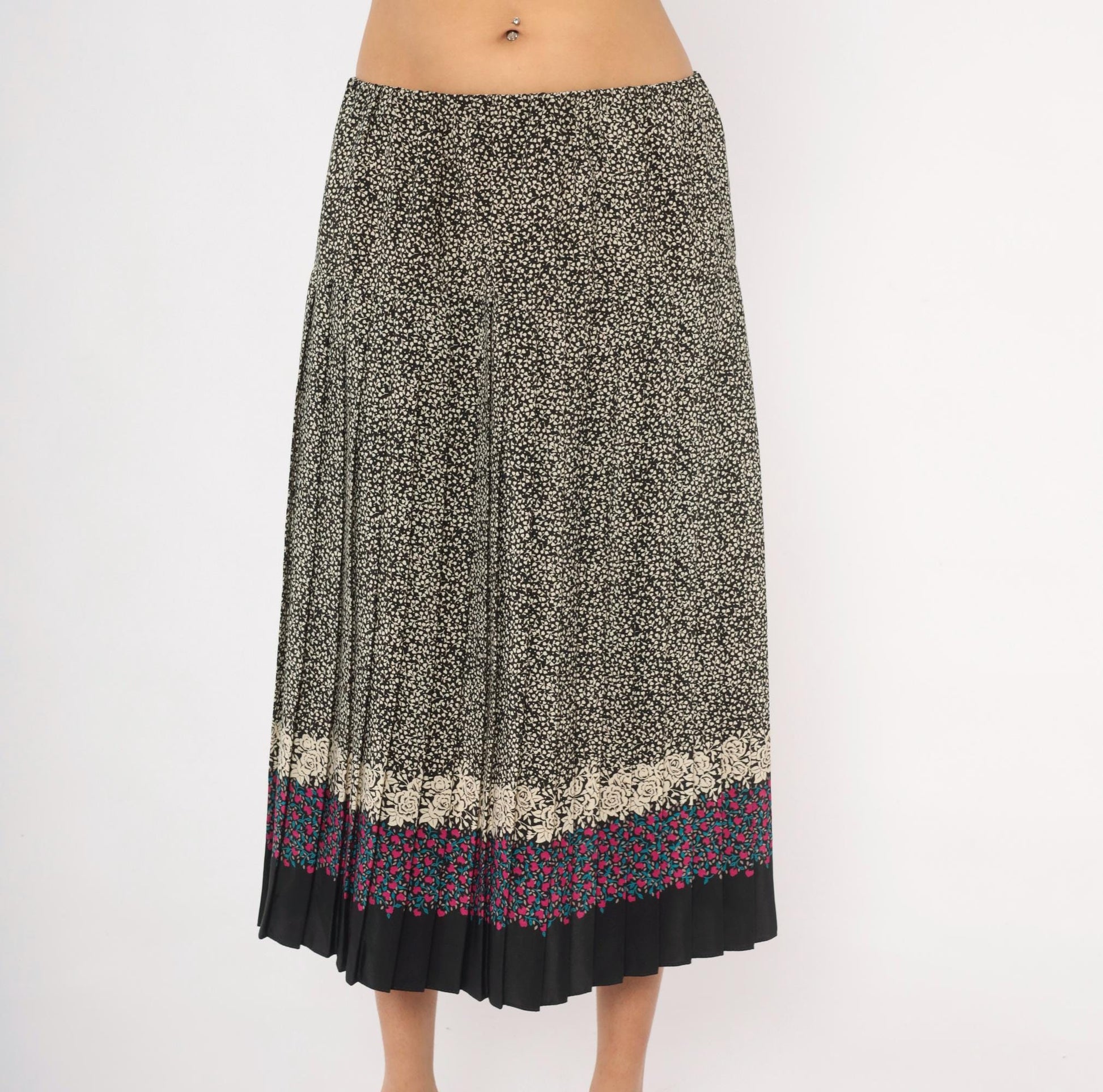 80s Floral Border Midi Skirt Black Cream Rose Pink Teal Pleated Medium Large