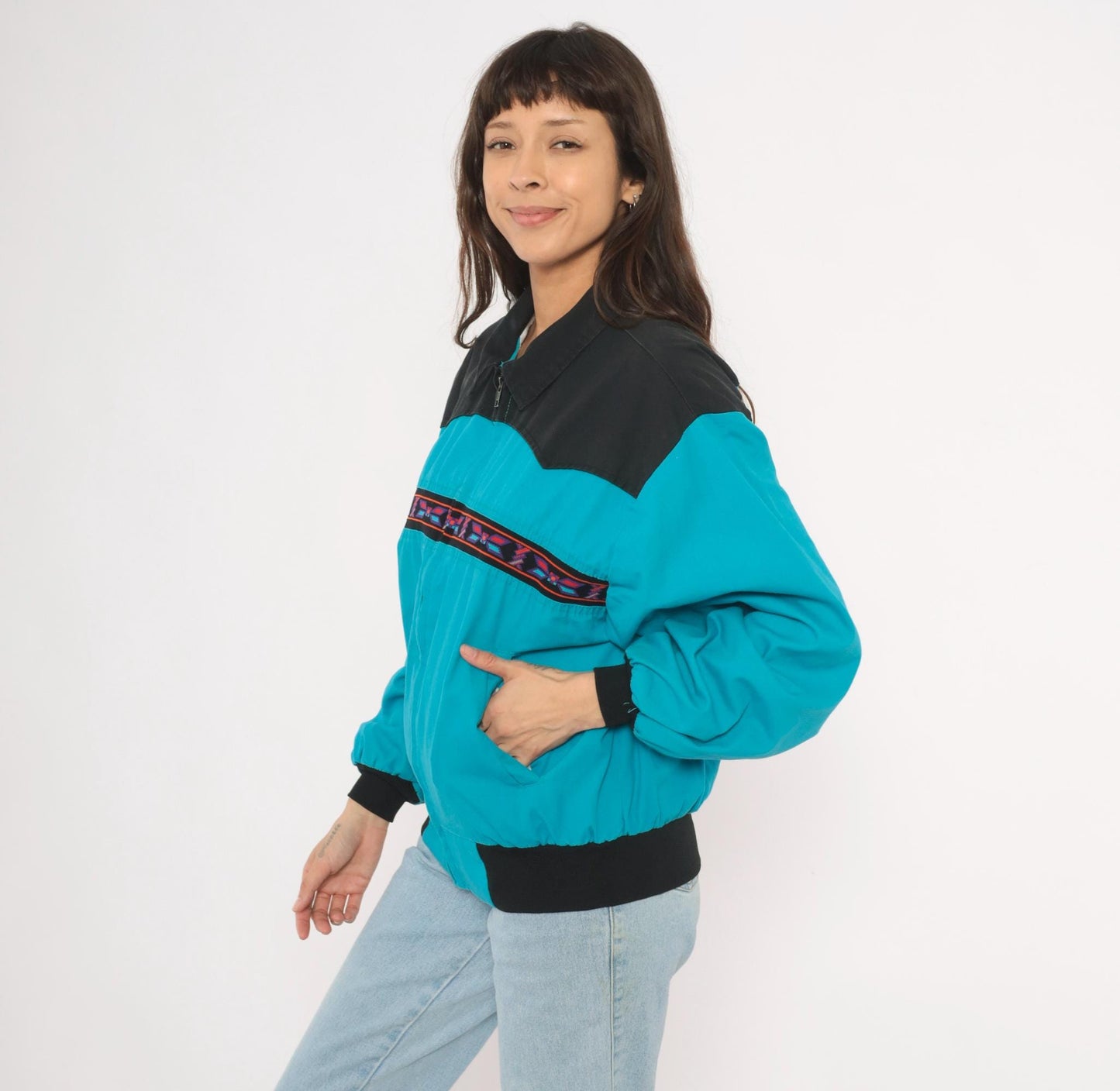 90s Santa Fe Trail Southwestern Bomber Jacket Teal Black Western Yoke Medium