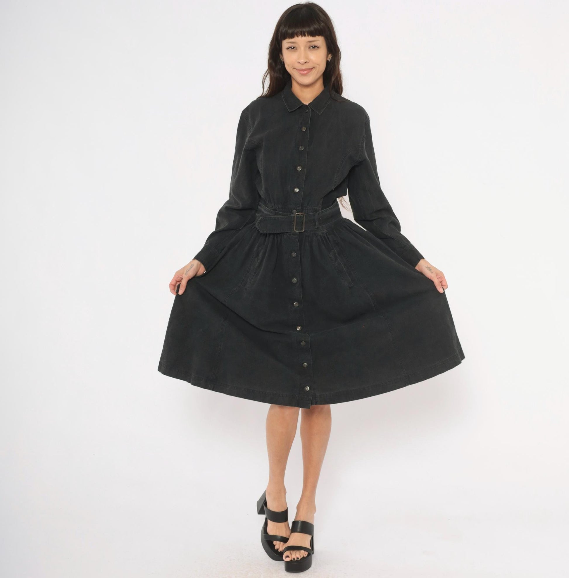 90s Gitano Black Denim Shirtdress Belted A-Line Gathered Skirt Medium M