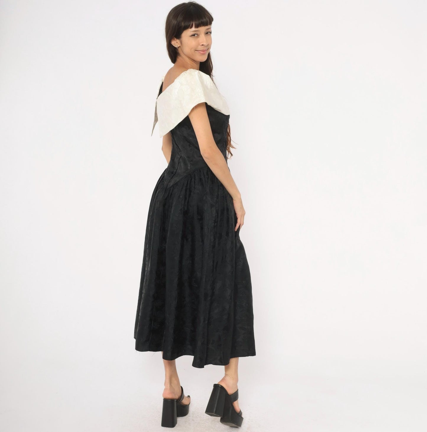 90s Black Ivory Jacquard Off-Shoulder Evening Gown Basque Waist Large L