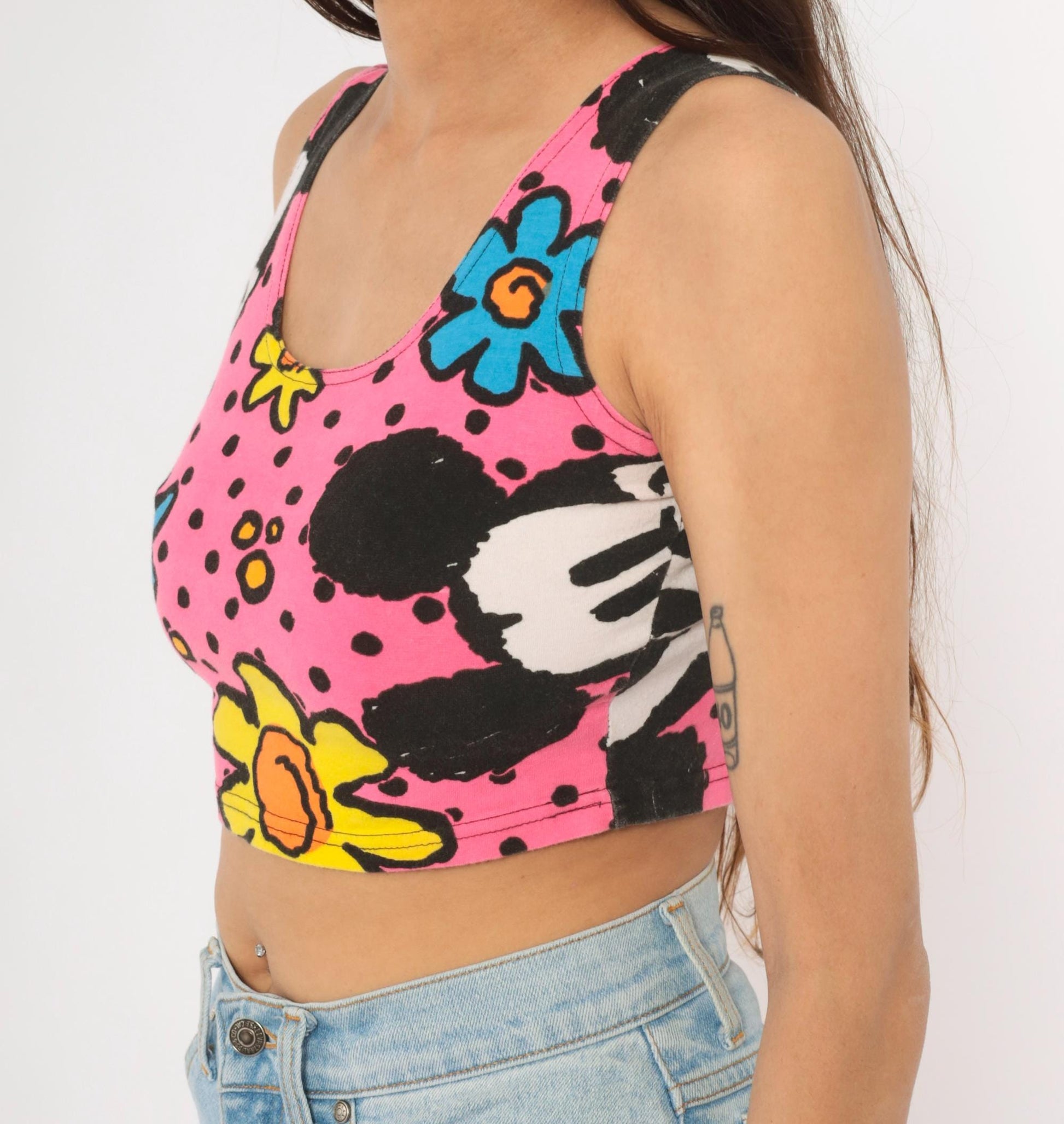 90s Mickey & Co Crop Tank Top Pink Floral Polka Dot Small S