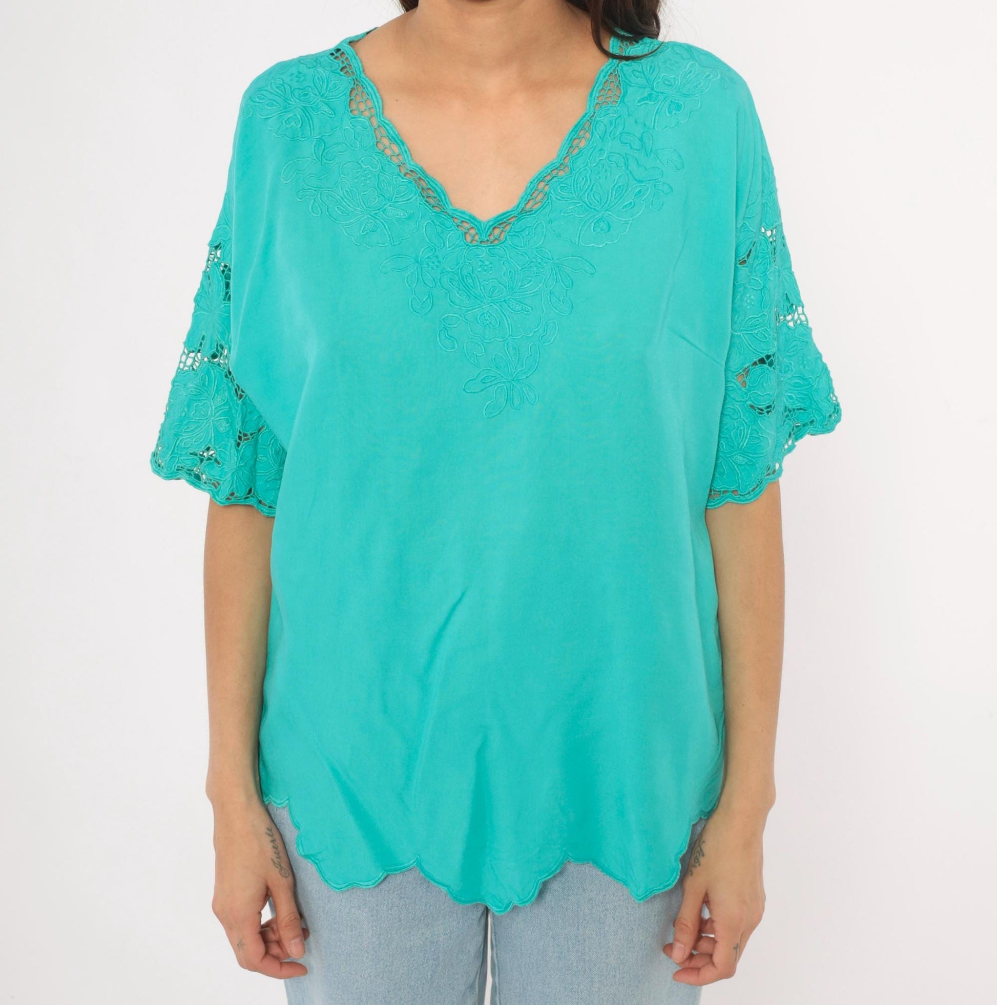 80s Bali Emerald Teal Cutwork Lace Blouse Floral Embroidered V-Neck