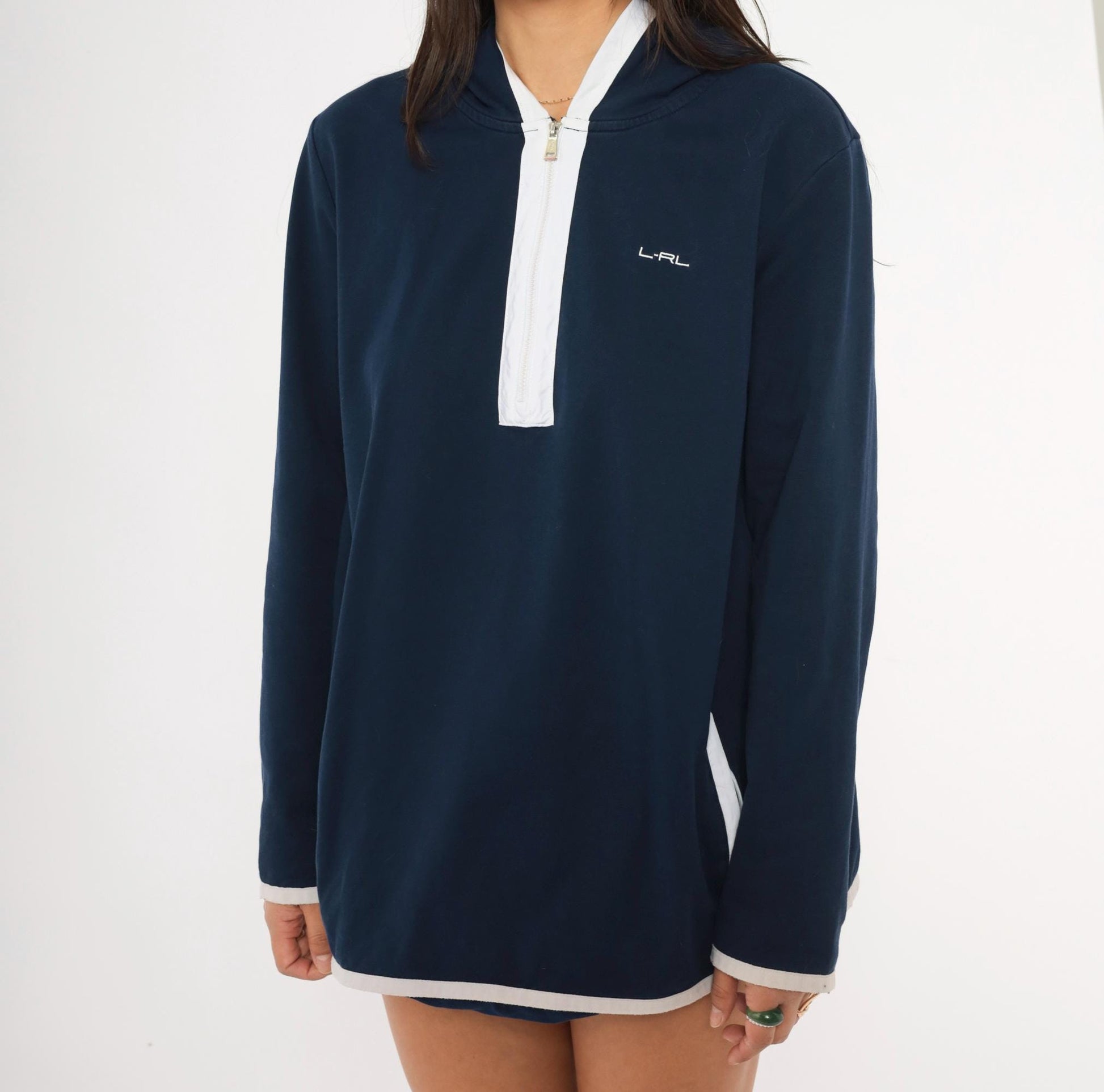 Y2K Ralph Lauren Active Half Zip Hoodie Navy Cotton Plus Size XXL