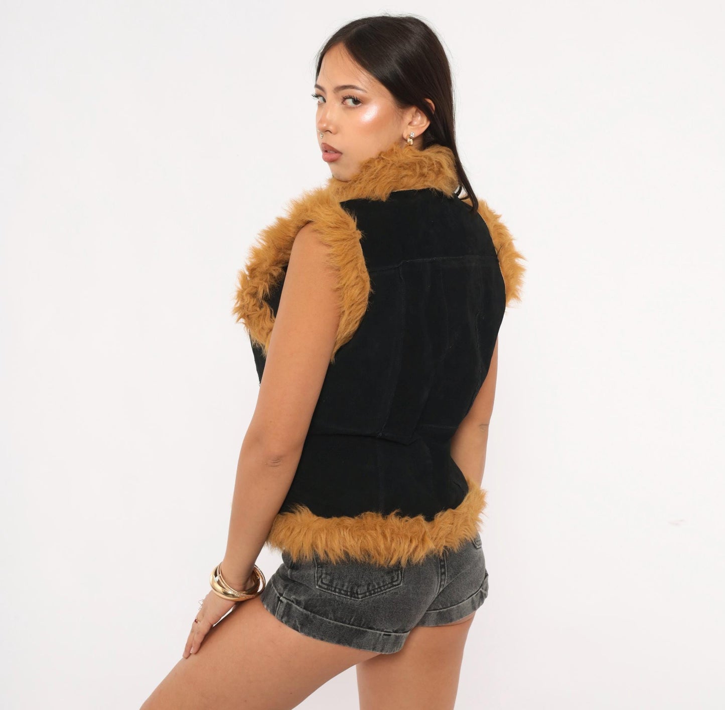 Y2K Jennyfer J Black Leather Vest Tan Faux Fur Trim Zip Front Medium