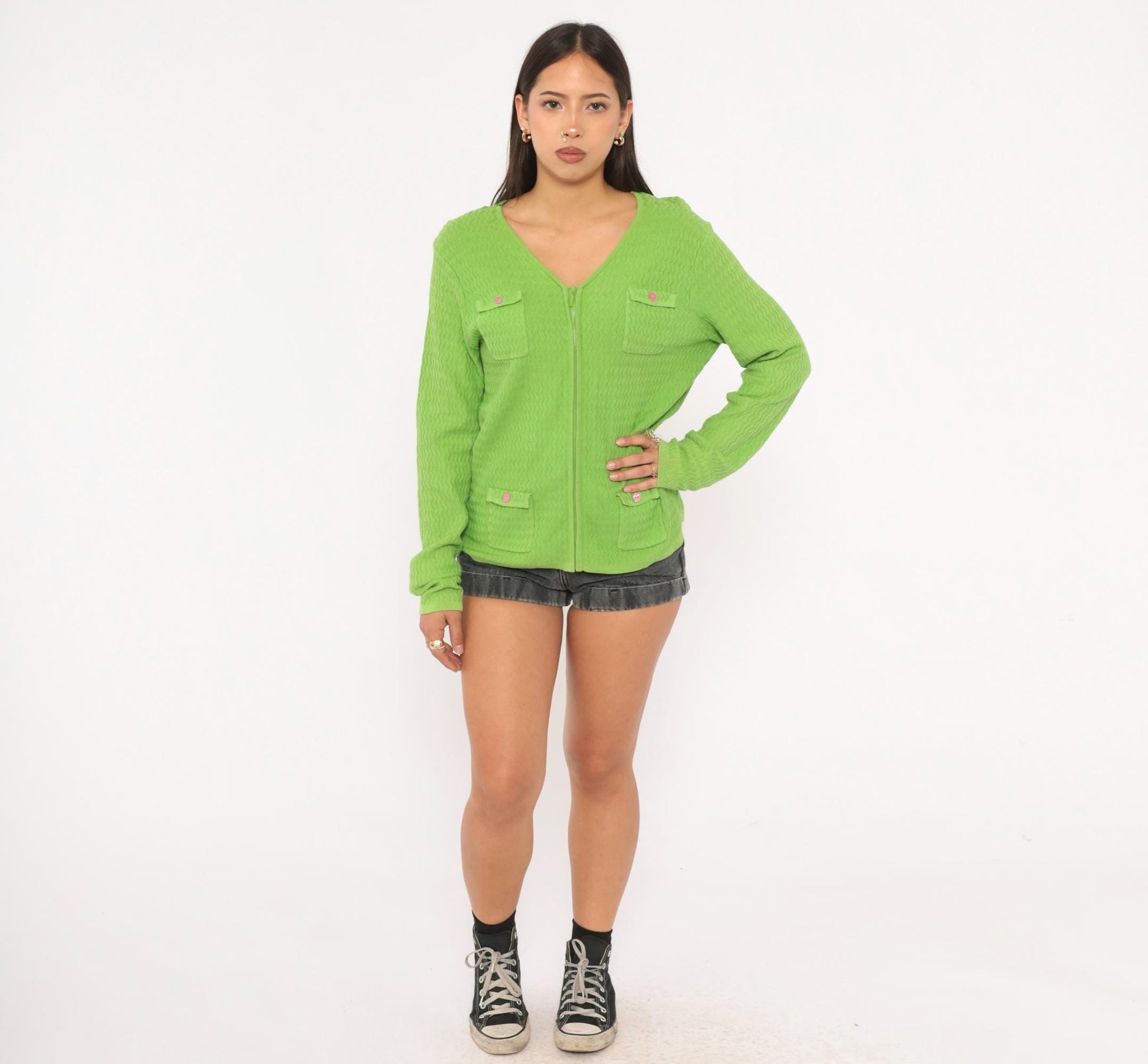 90s Sag Harbor Lime Green Chevron Cardigan Pink Button Pockets Medium M