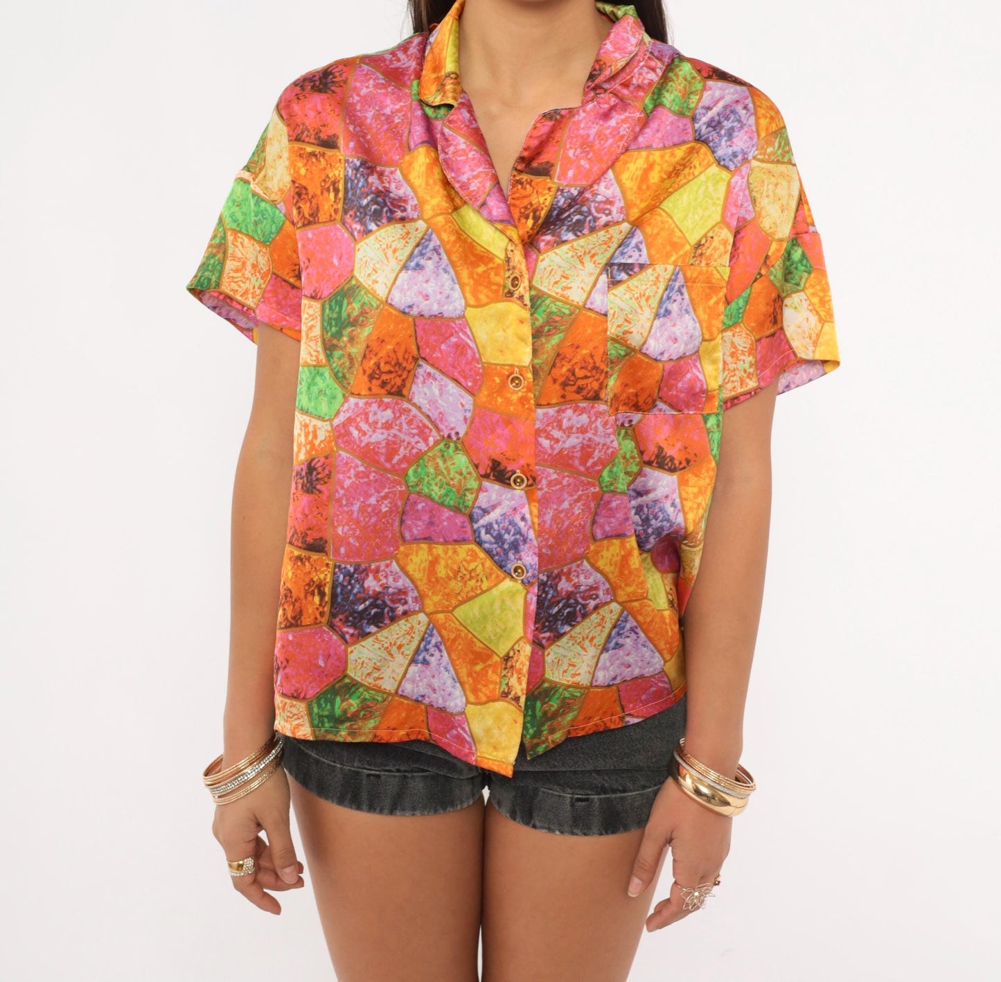 2000s Mosaic Stained Glass Camp Collar Shirt Geometric Blouse Large L