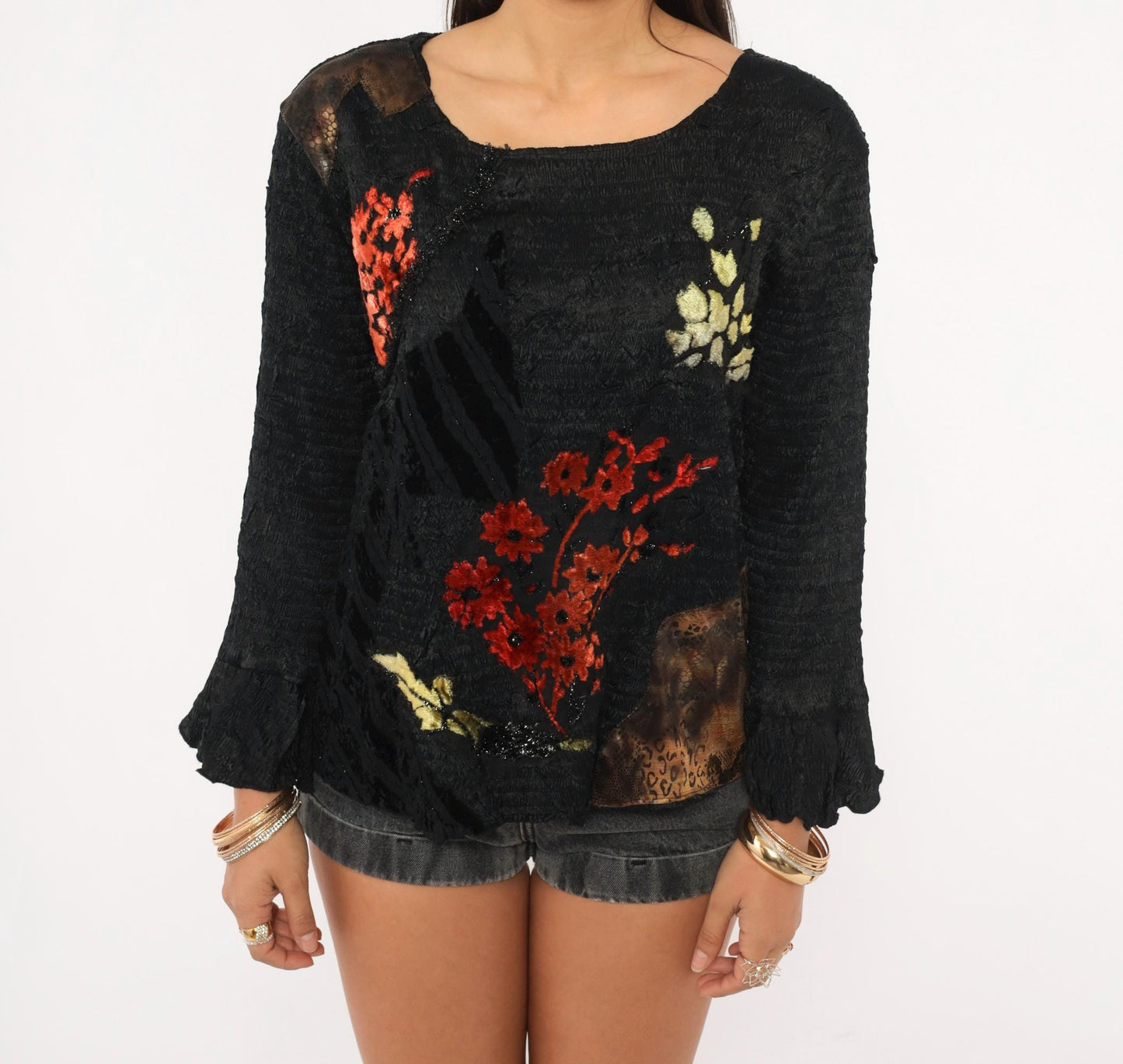 Alberto Makali 2000s Black Knit Top Red Velvet Floral Bell Sleeve Extra Large XL