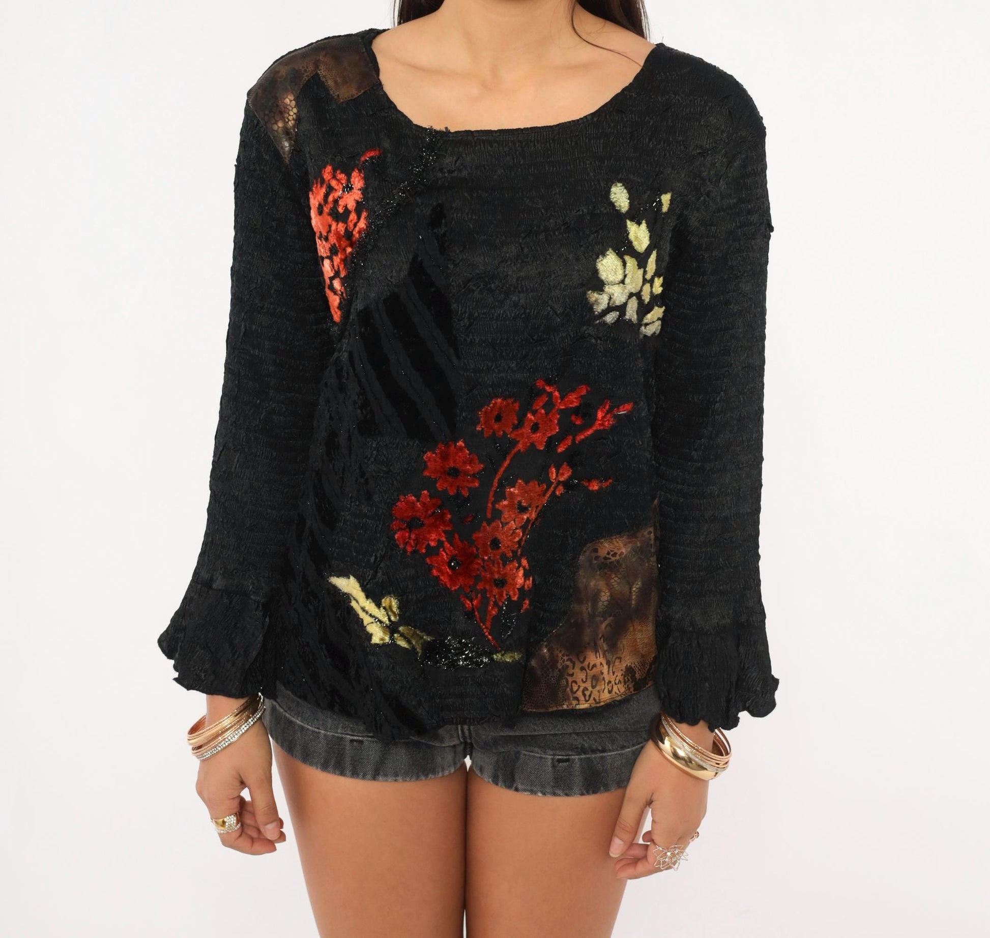 Alberto Makali 2000s Black Knit Top Red Velvet Floral Bell Sleeve Extra Large XL