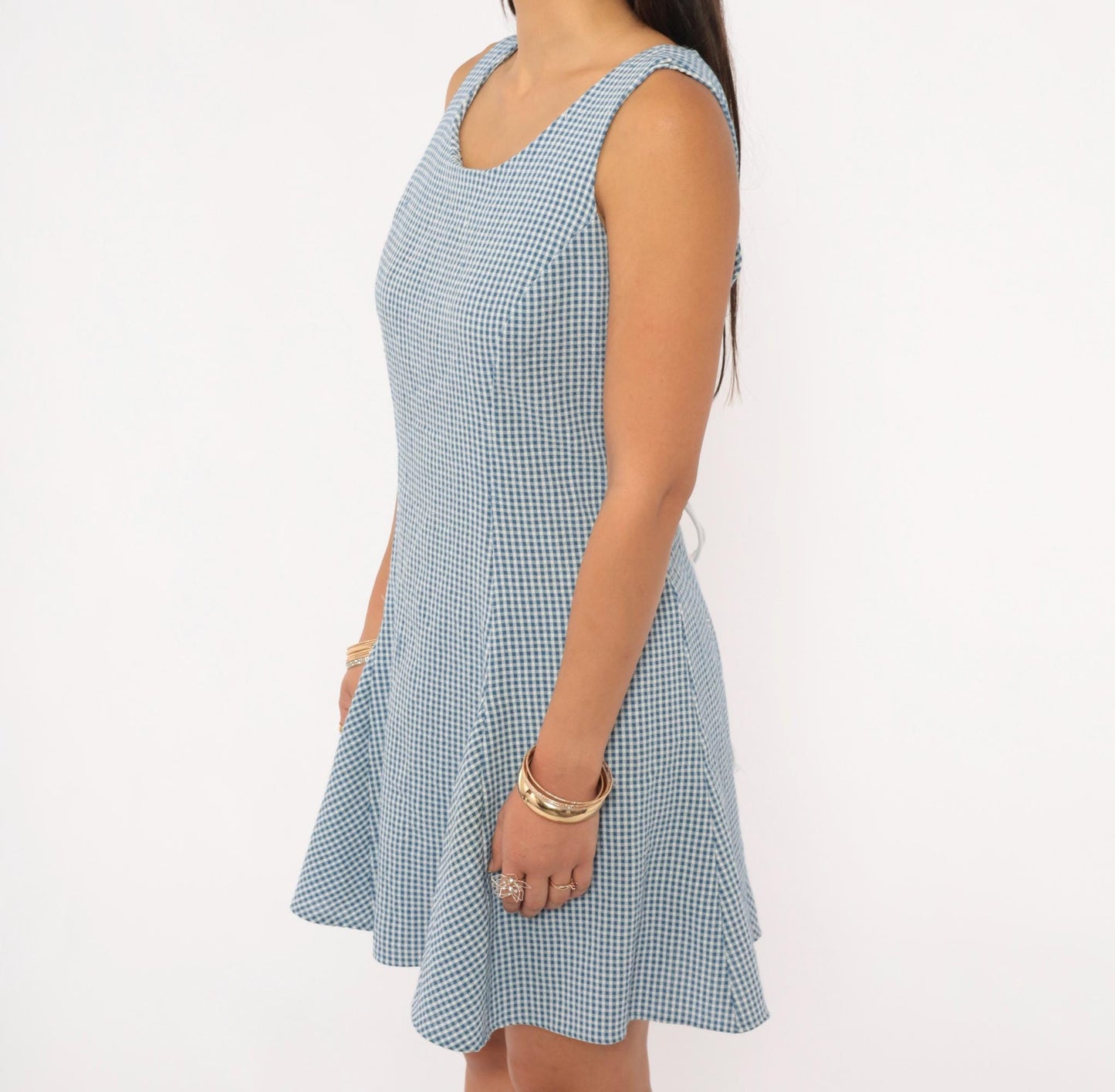 90s Especially Yours Gingham Mini Dress Blue White Lace-Up Back Medium