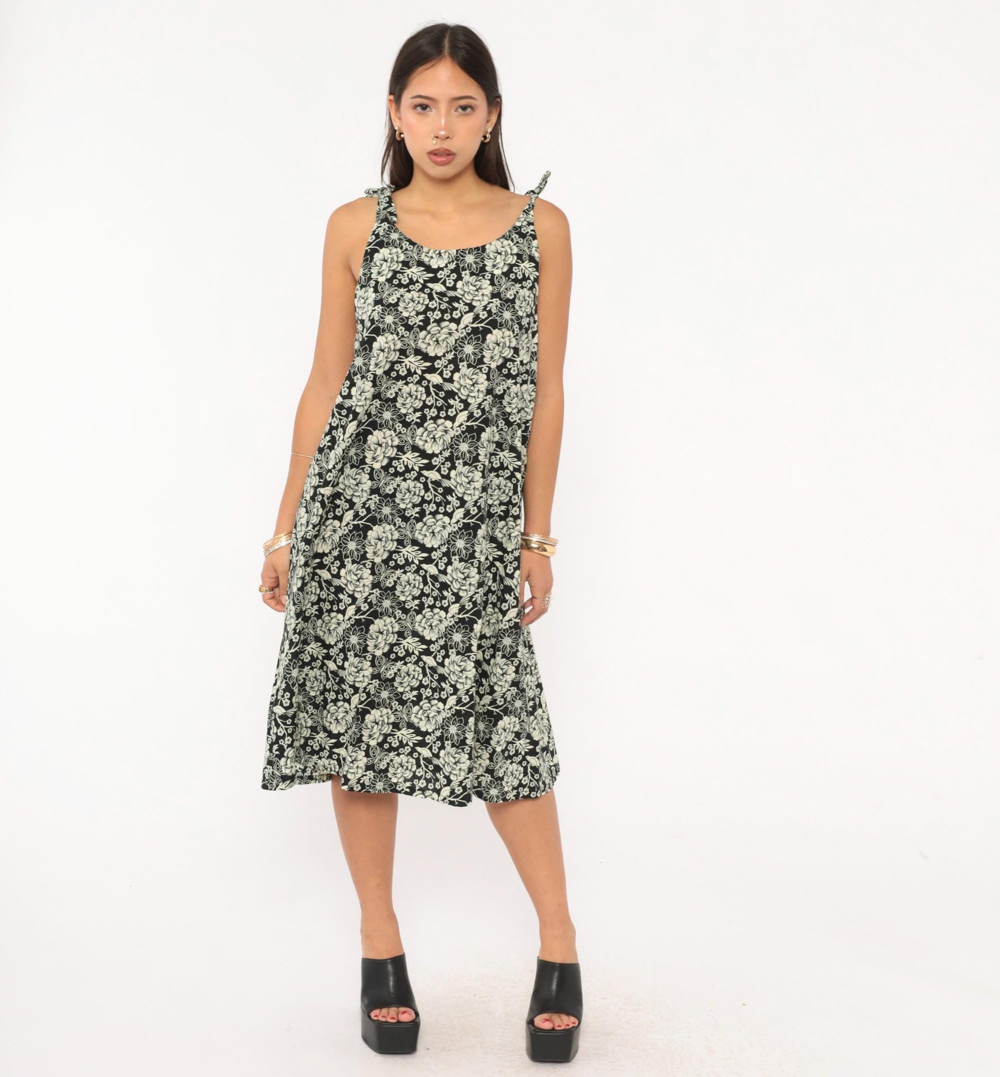 80s Floral Bird Print Sundress Black Cream Tie Shoulder A-Line Knee Length Medium M