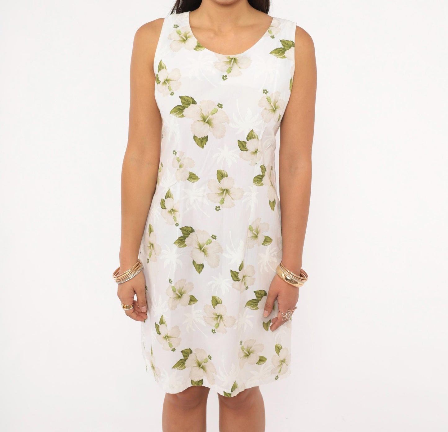 90s Pacific Legend Hawaiian Hibiscus Sundress White Cotton Knee-Length Small
