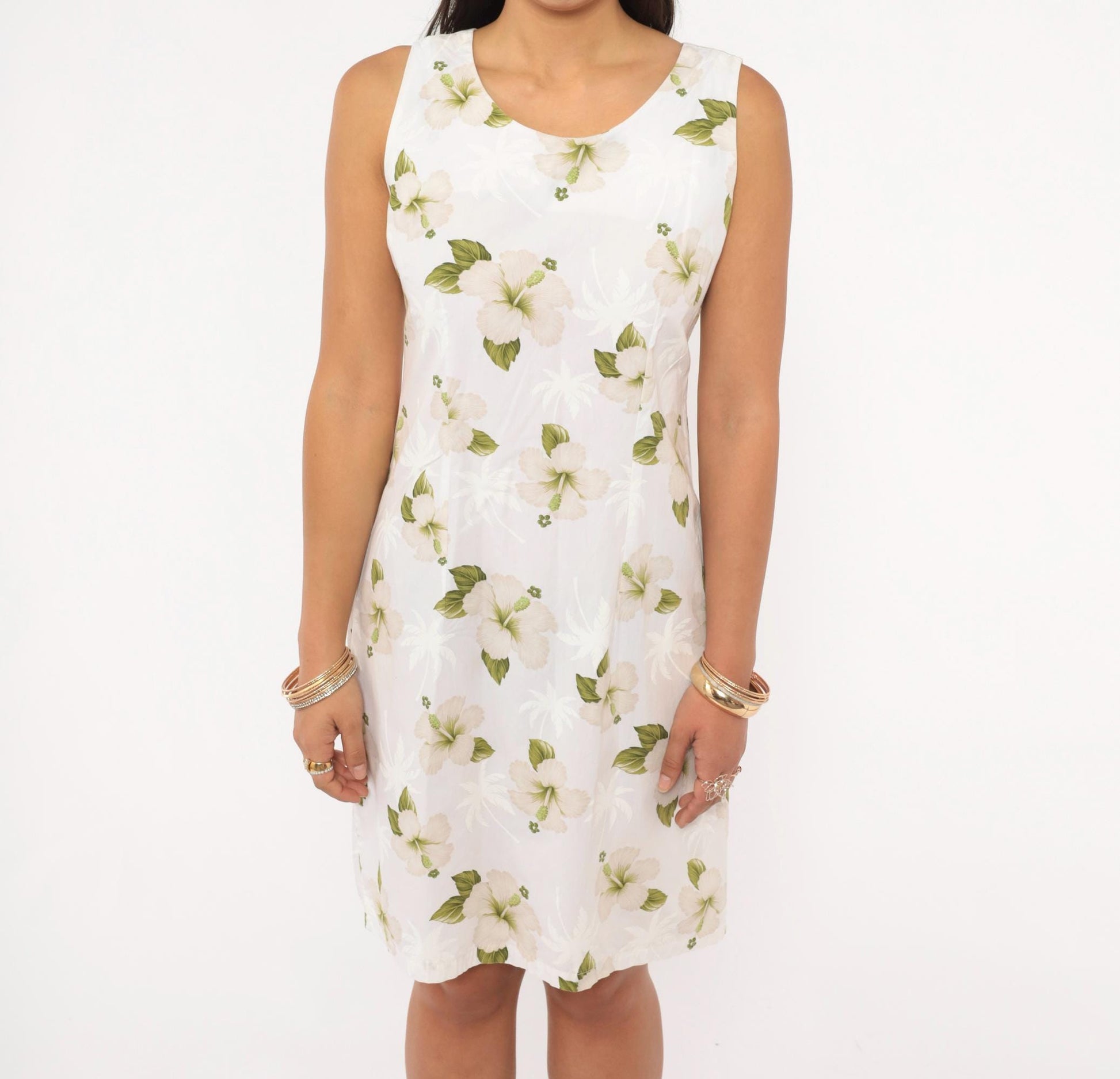 90s Pacific Legend Hawaiian Hibiscus Sundress White Cotton Knee-Length Small