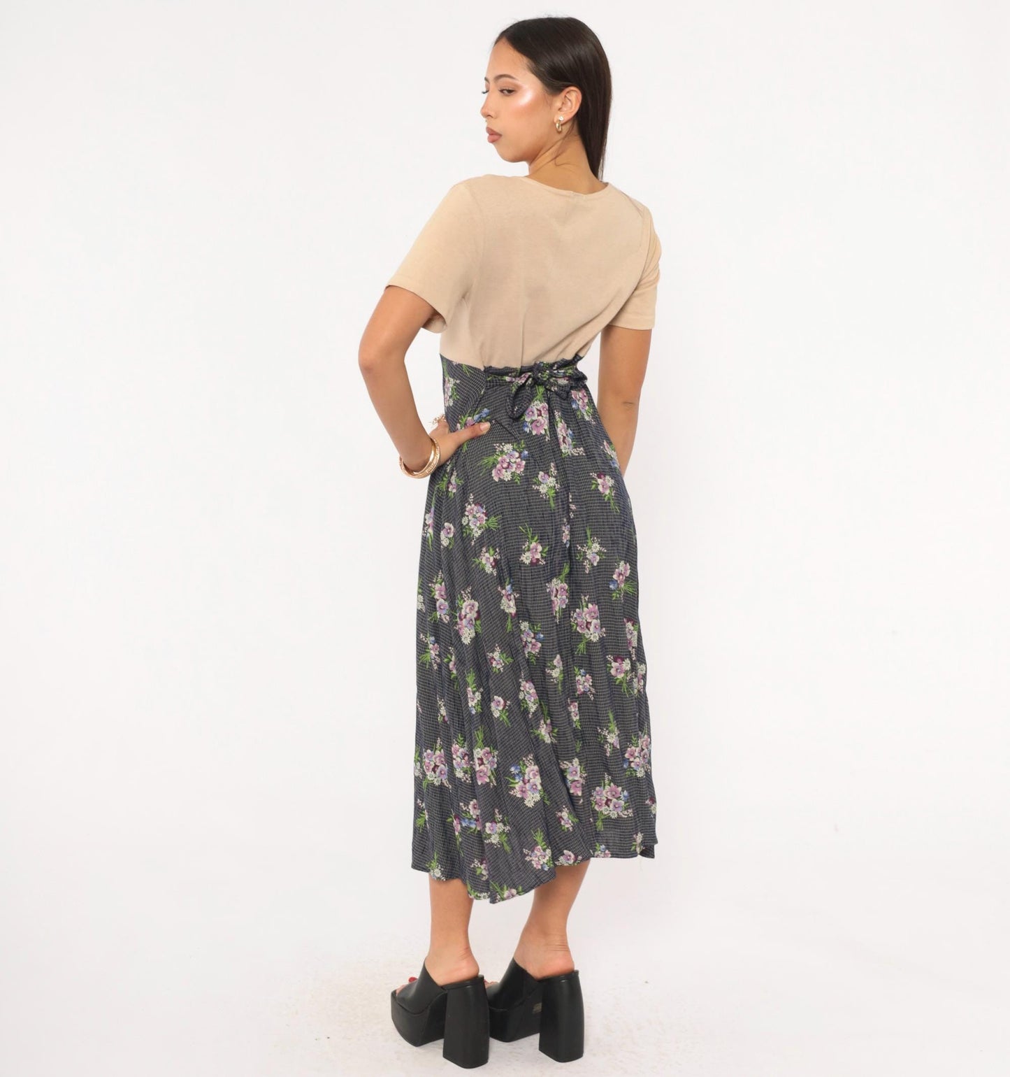 90s Gianfranco Bassi Floral Midi Dress Navy Bouquet Sand Bodice Medium