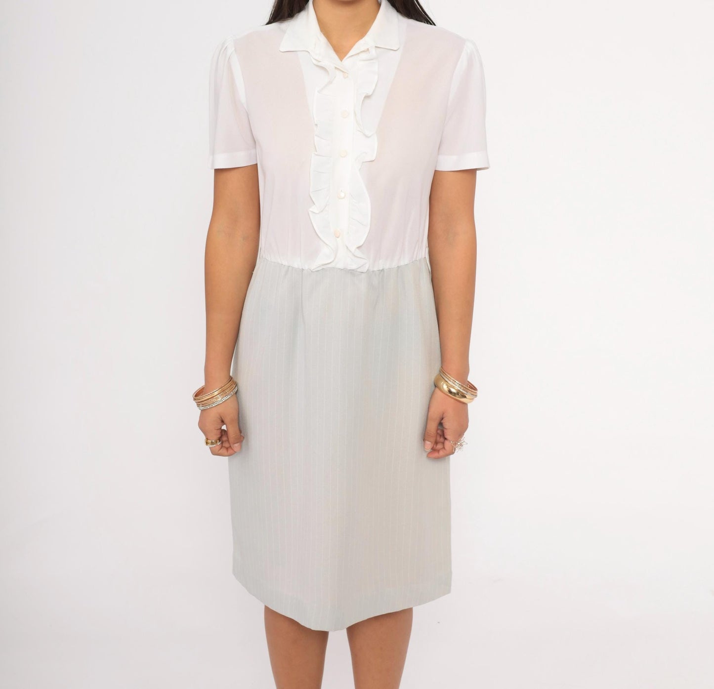 80s Two-Tone Shirtdress White Ruffle Pinstripe Grey Puff Sleeve Small Medium