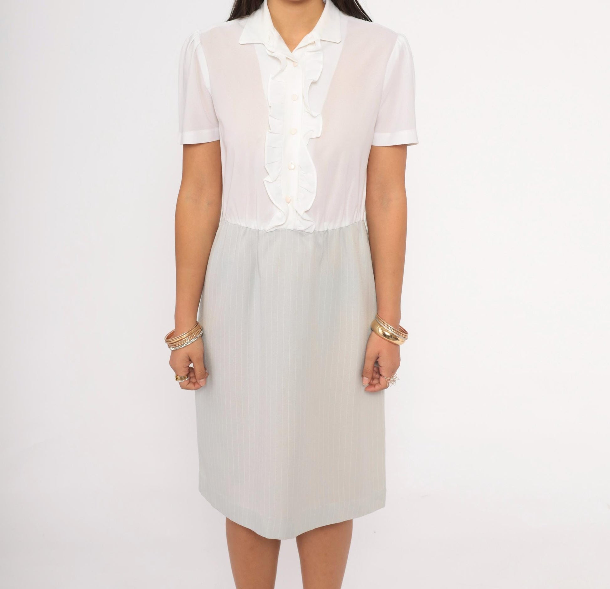 80s Two-Tone Shirtdress White Ruffle Pinstripe Grey Puff Sleeve Small Medium